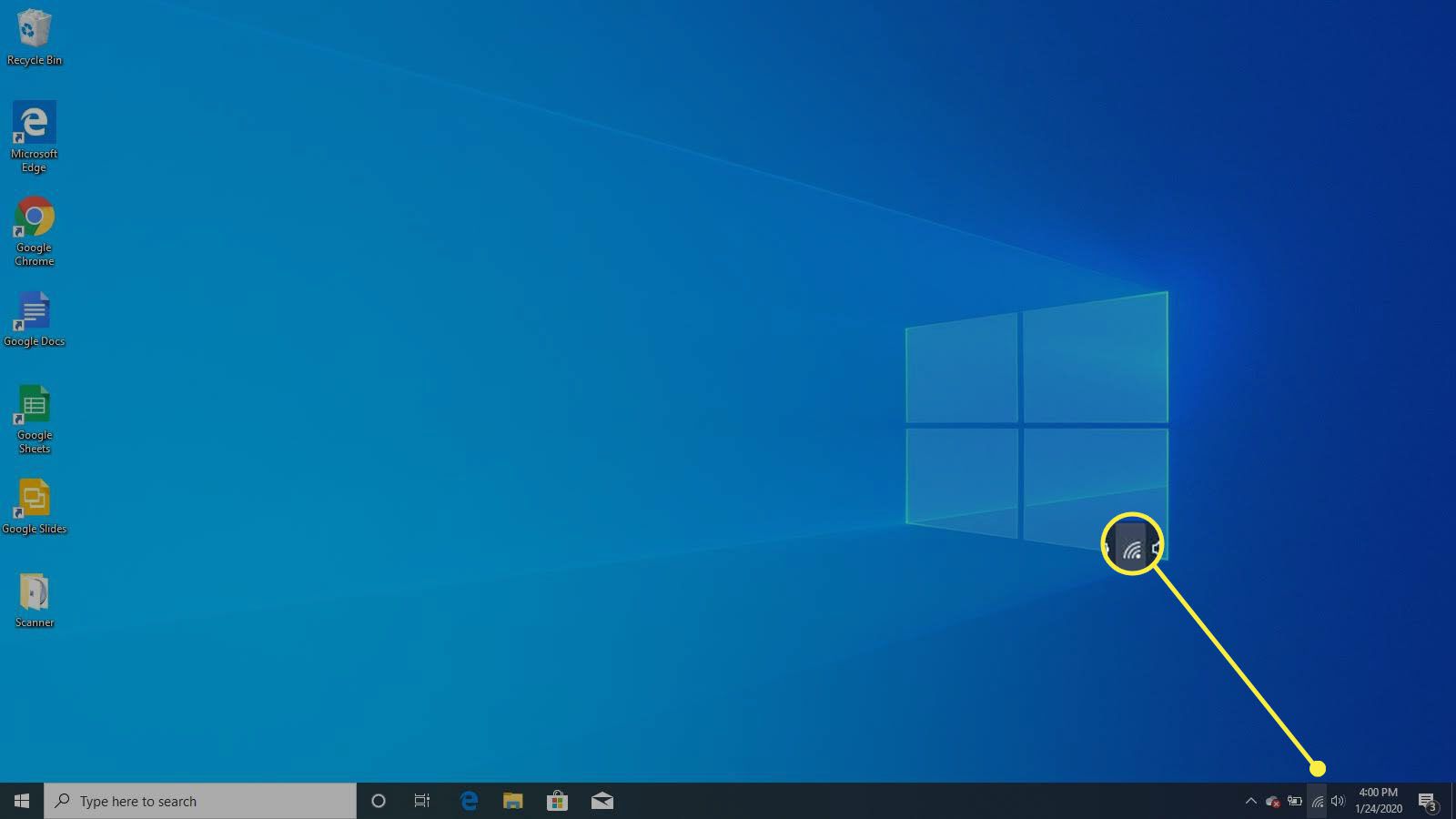 Výběr nastavení sítě a internetu v systémové liště Windows 10.