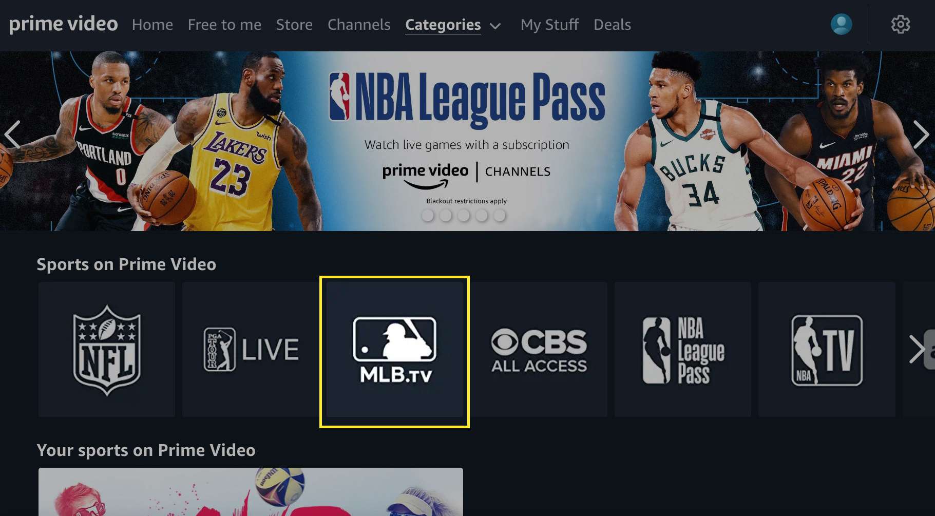 Sportovní kanály Amazon Prime Video se zvýrazněnou MLB.TV