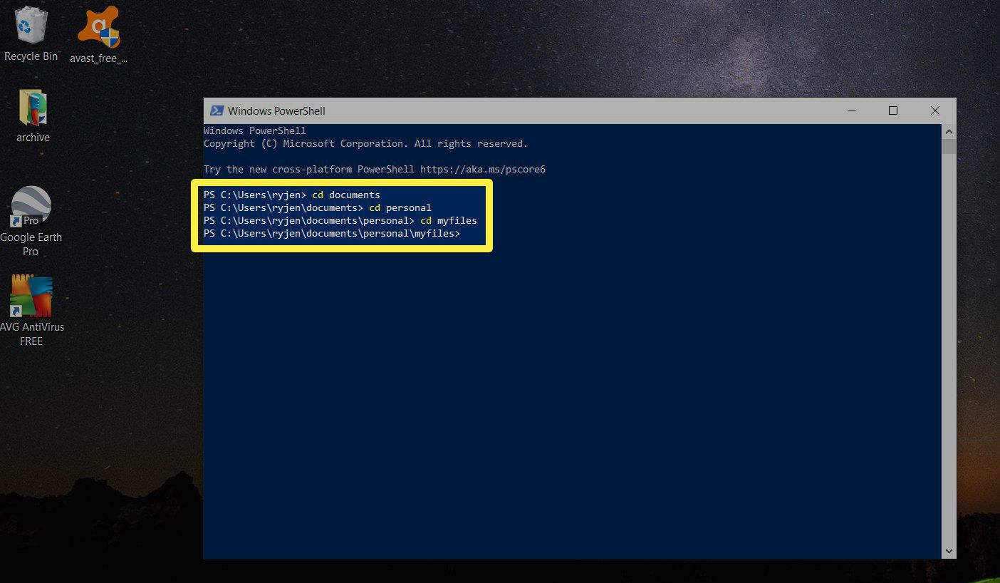 Screenshot navigace v adresářích pomocí prostředí PowerShell