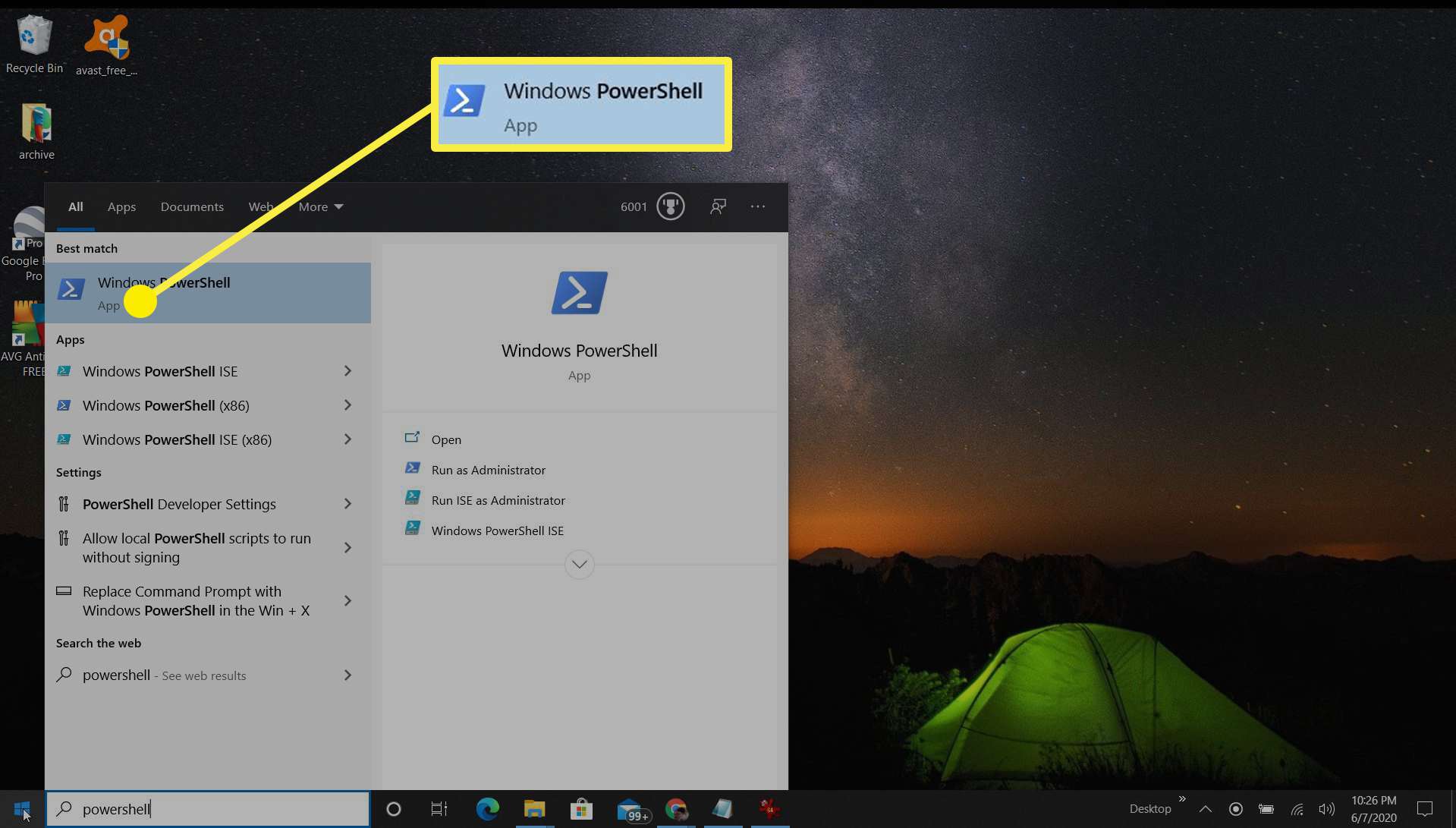 Screenshot otevření PowerShellu ve Windows 10