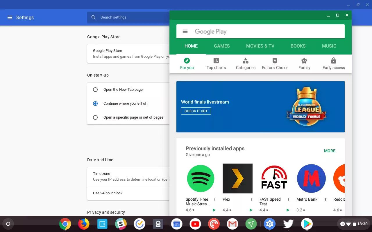 Screenshot zobrazující Obchod Google Play spuštěný v systému Chrome OS