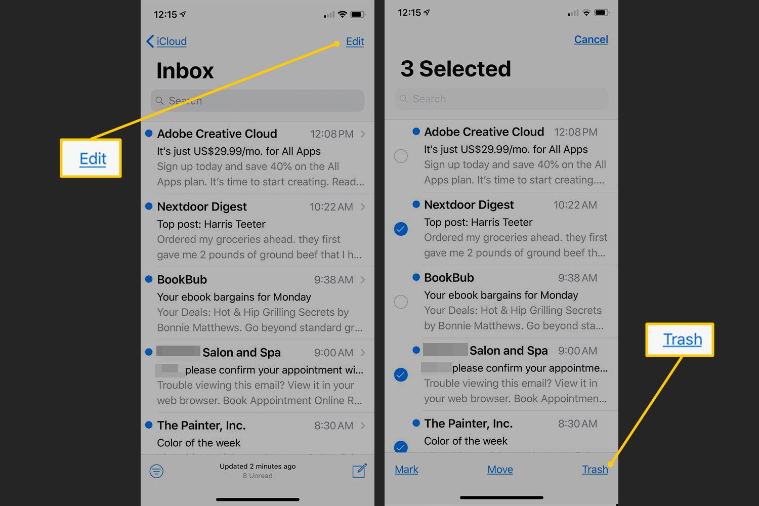 Tlačítko Upravit, tlačítko Trash link v iOS Mail