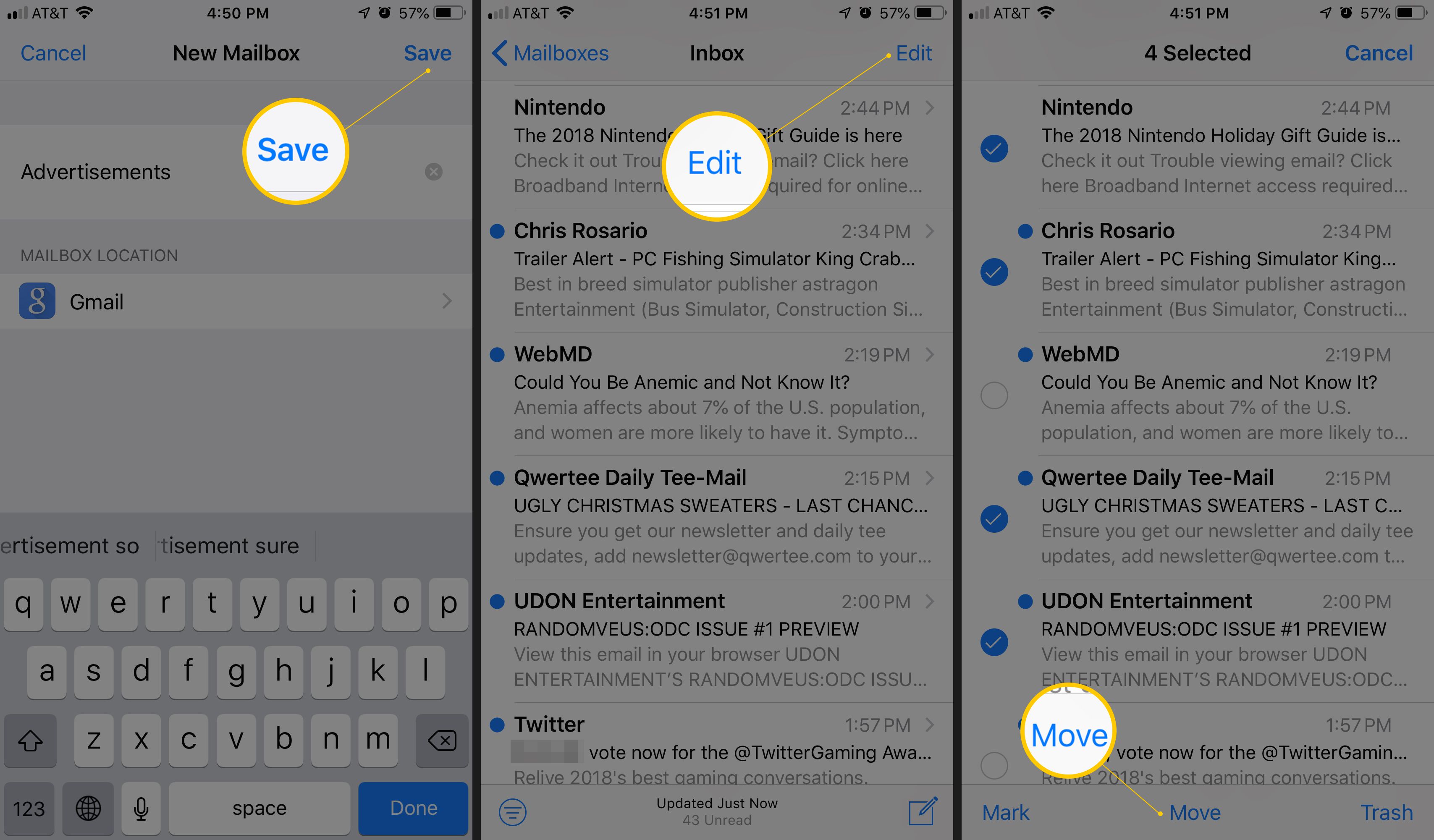 Tři obrazovky iOS zobrazující tlačítko Uložit novou poštovní schránku, tlačítko Upravit doručenou poštu a Tlačítko Přesunout e-mail v aplikaci Pošta