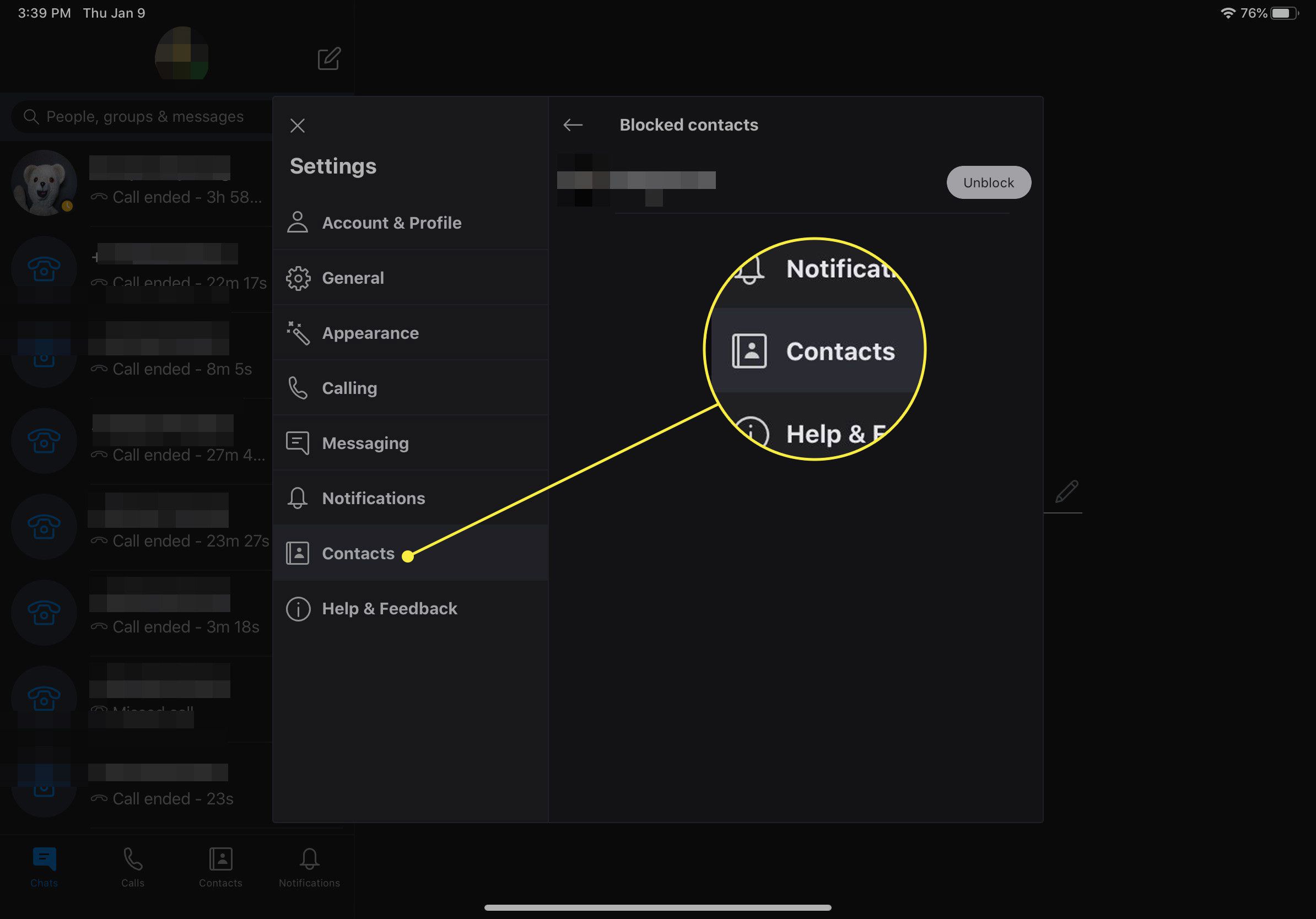 Snímek obrazovky nastavení aplikace Skype pro iPad se zvýrazněným nadpisem Kontakty