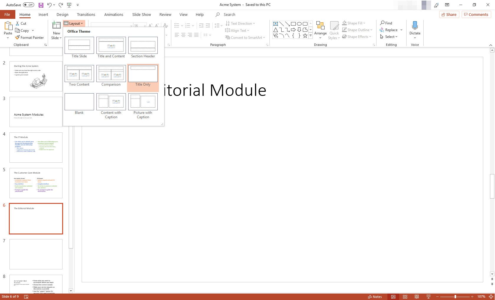 Prezentace MS PowerPoint se zobrazenými možnostmi rozvržení