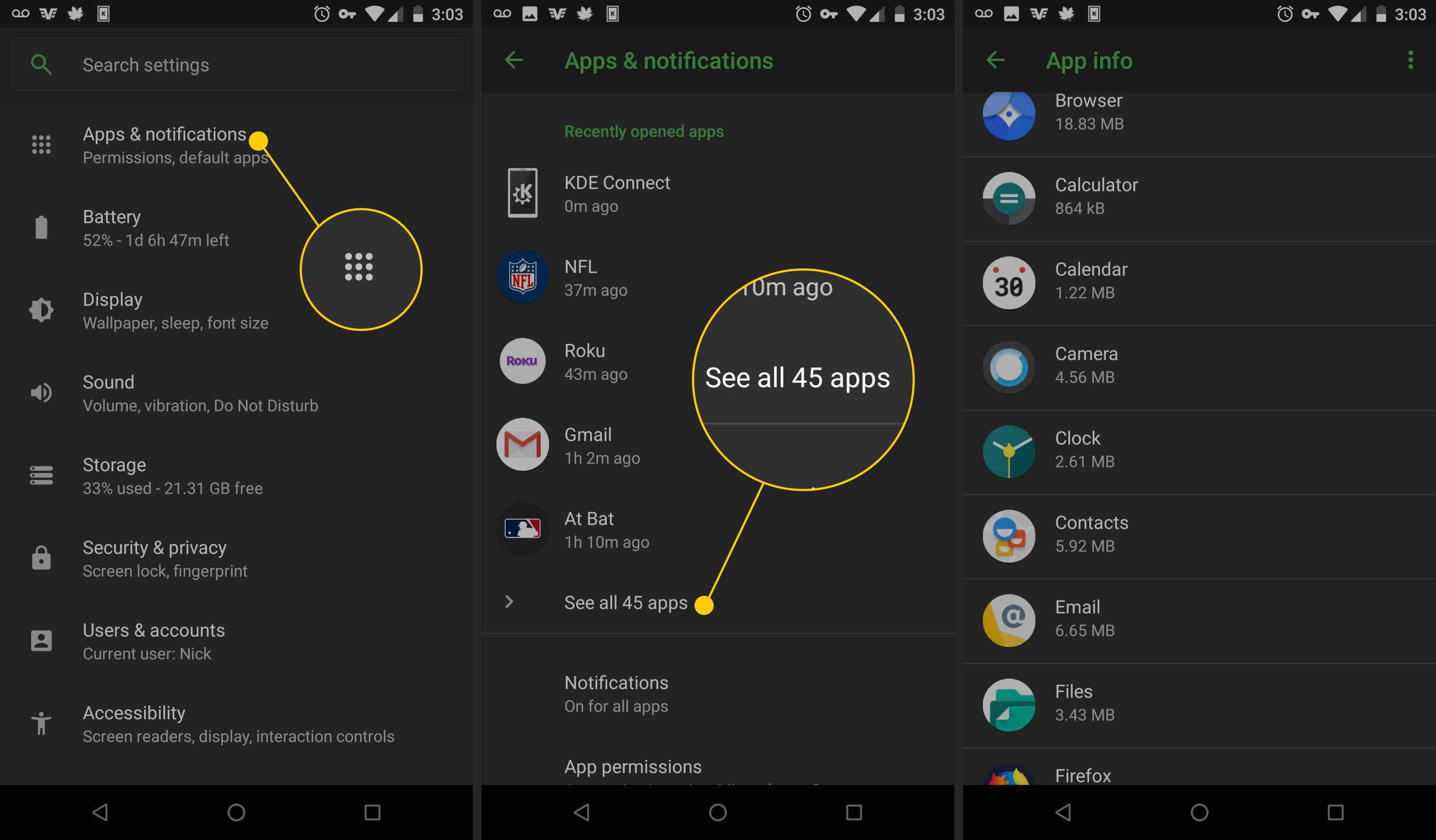 Možnosti nastavení aplikací a oznámení a „zobrazit všechny aplikace“ v telefonu Android