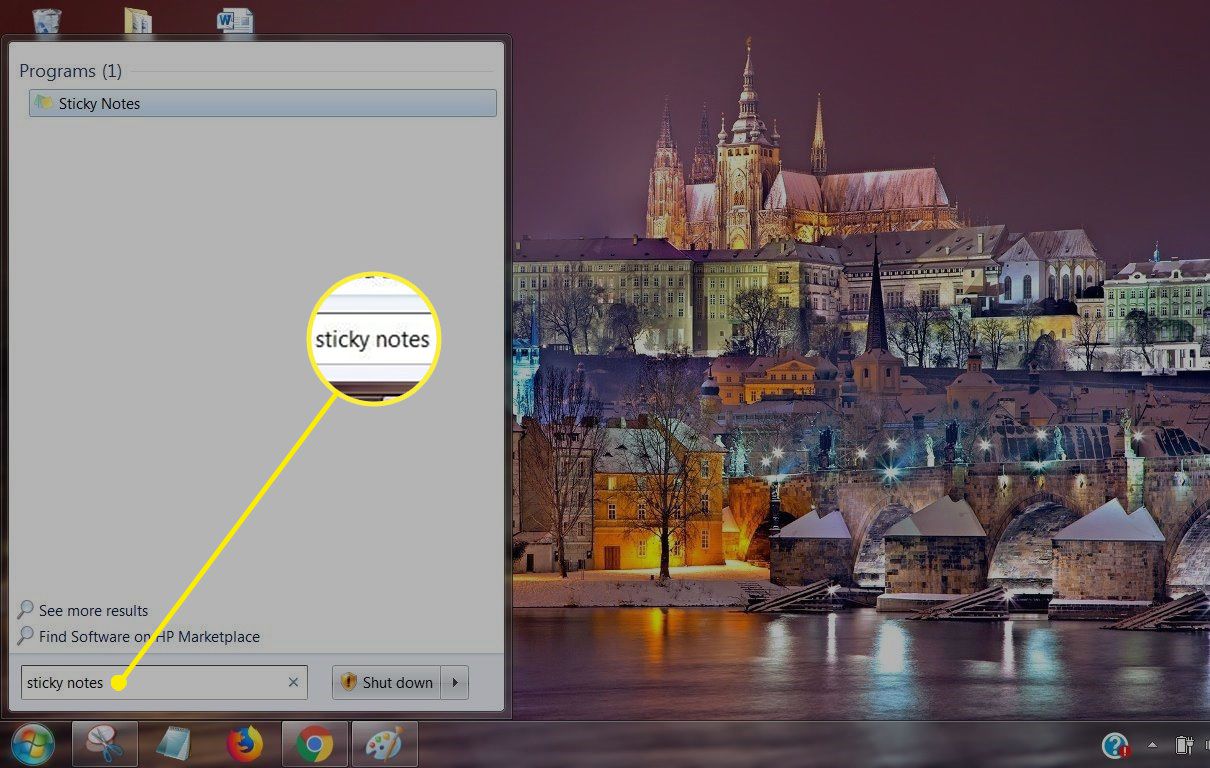 Screenshot z rychlých poznámek v části Zahájit hledání ve Windows 7