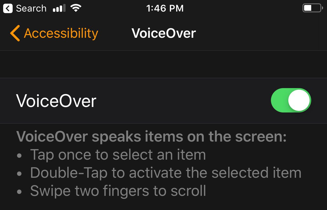 Snímek obrazovky s nastavením VoiceOveru pro Apple Watch.