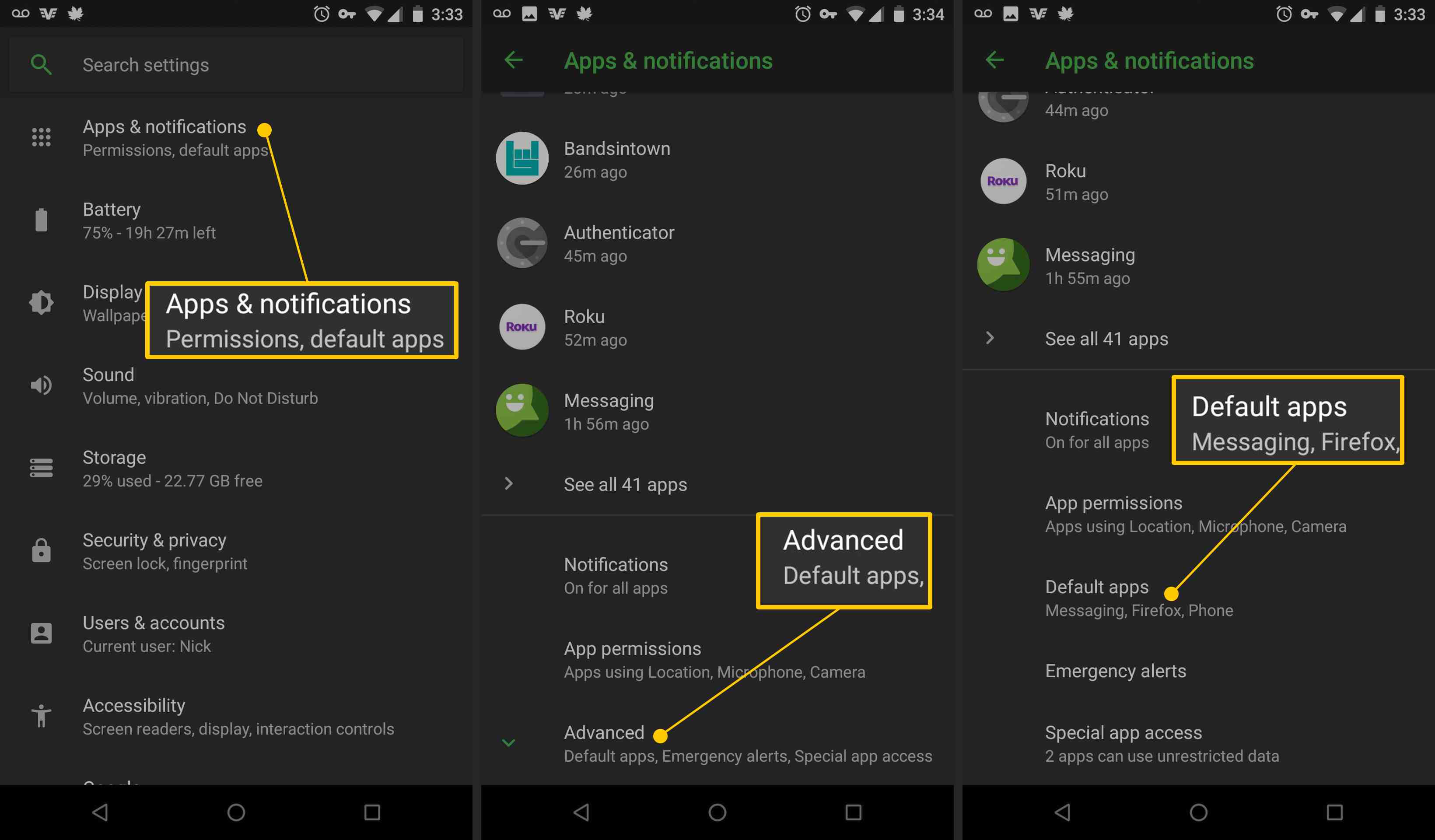 Aplikace a oznámení, Pokročilé, Výchozí aplikace v Nastavení systému Android