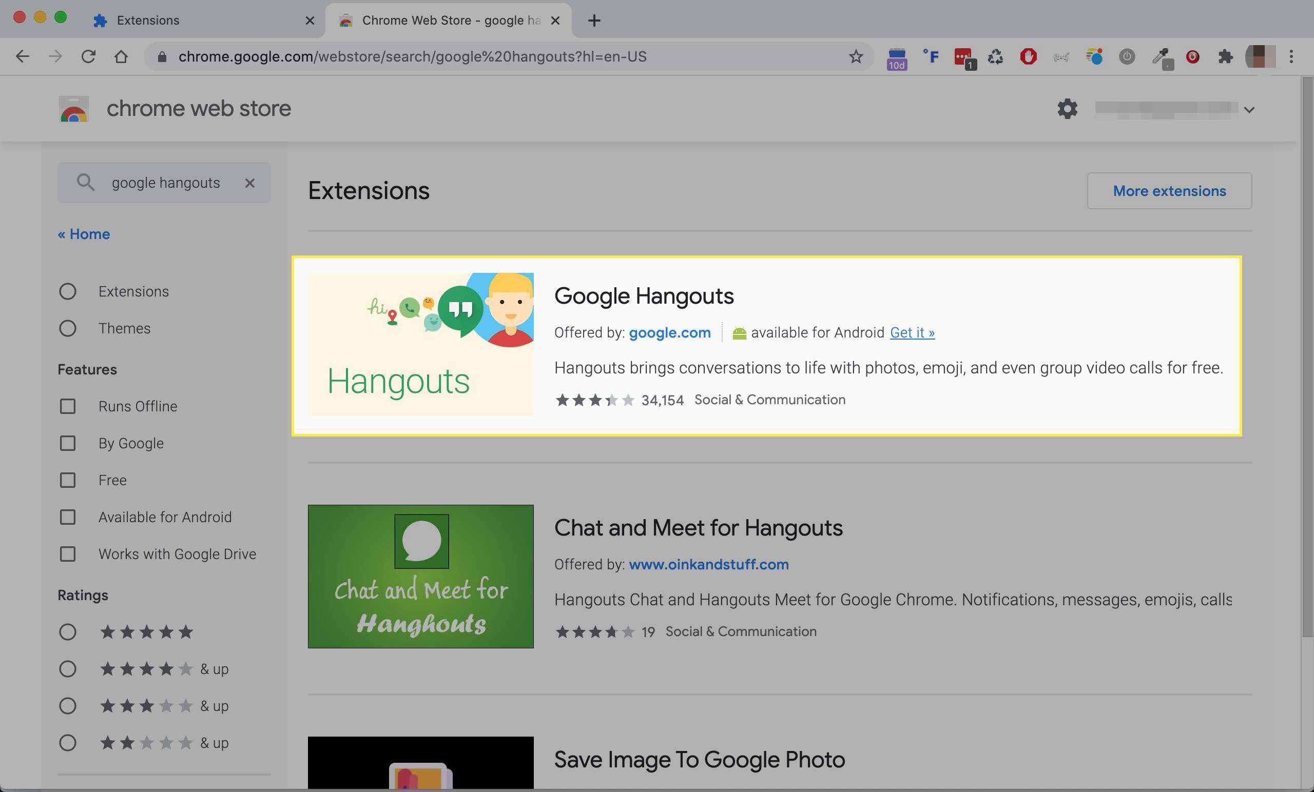 Google Hangouts v Internetovém obchodě Chrome
