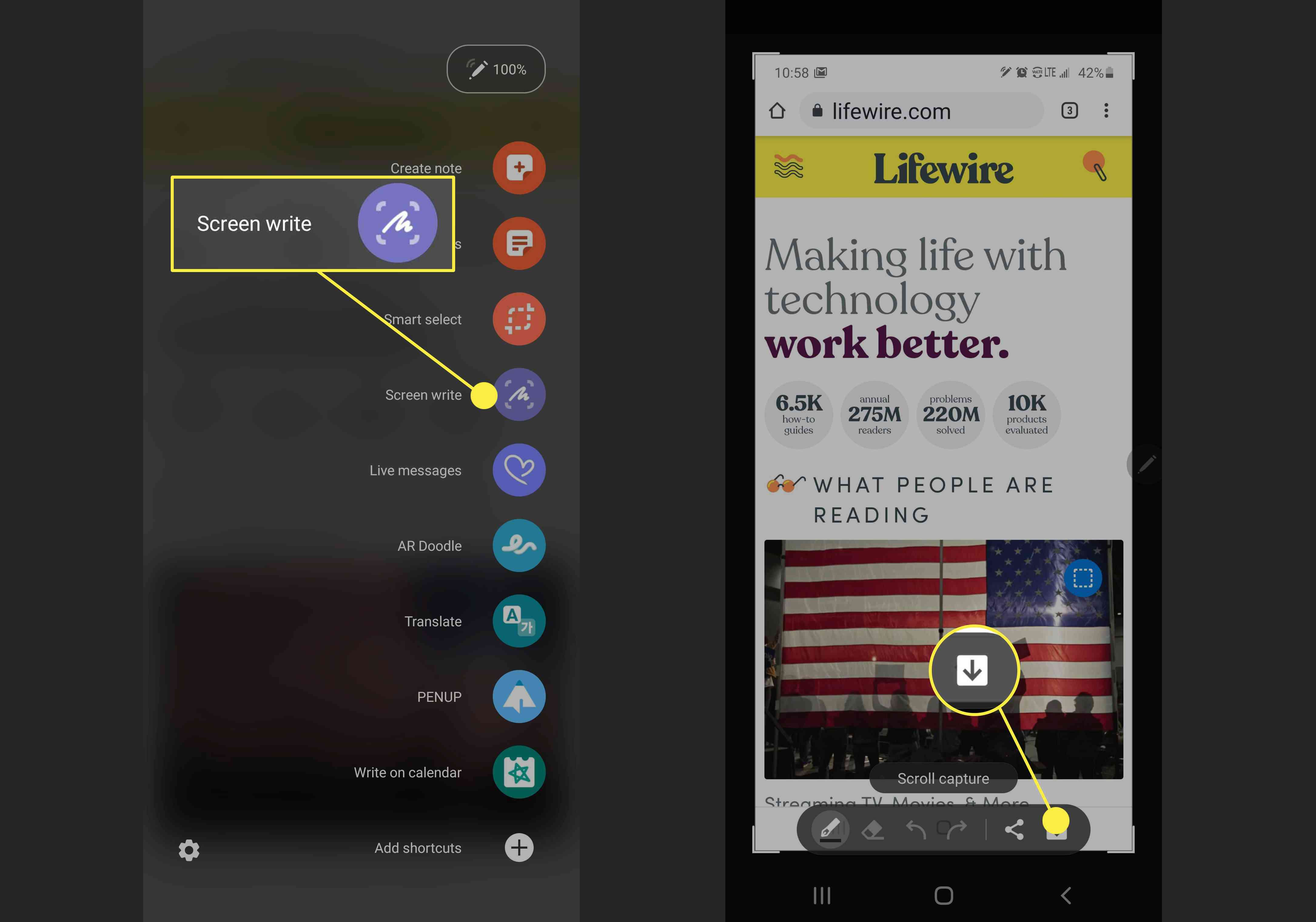 Screenshoty ukazující, jak používat Screen write k pořízení snímku obrazovky v Galaxy Note 10 a 10+