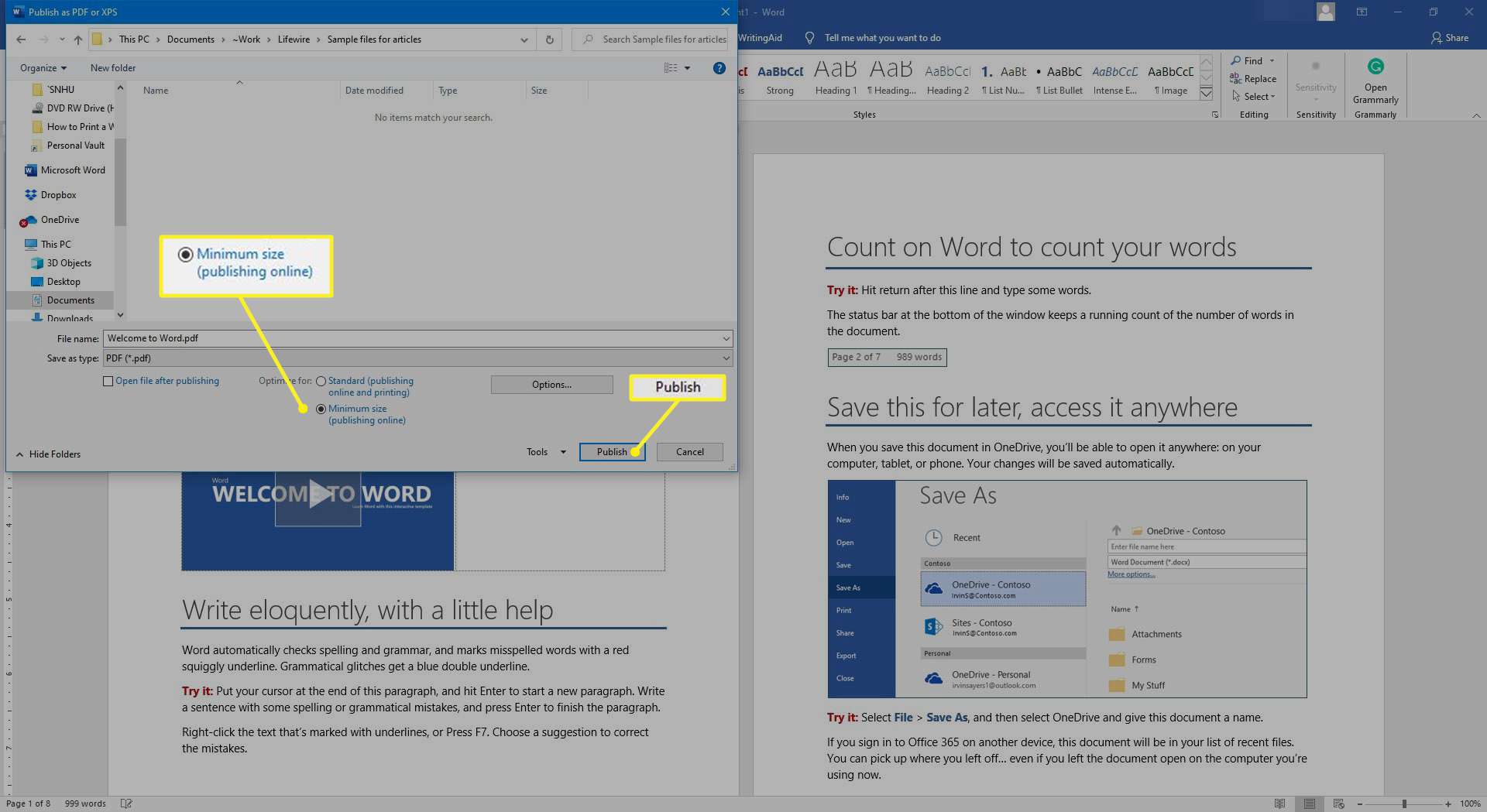 Dialog PDF v aplikaci Microsoft Word s vybranou minimální velikostí