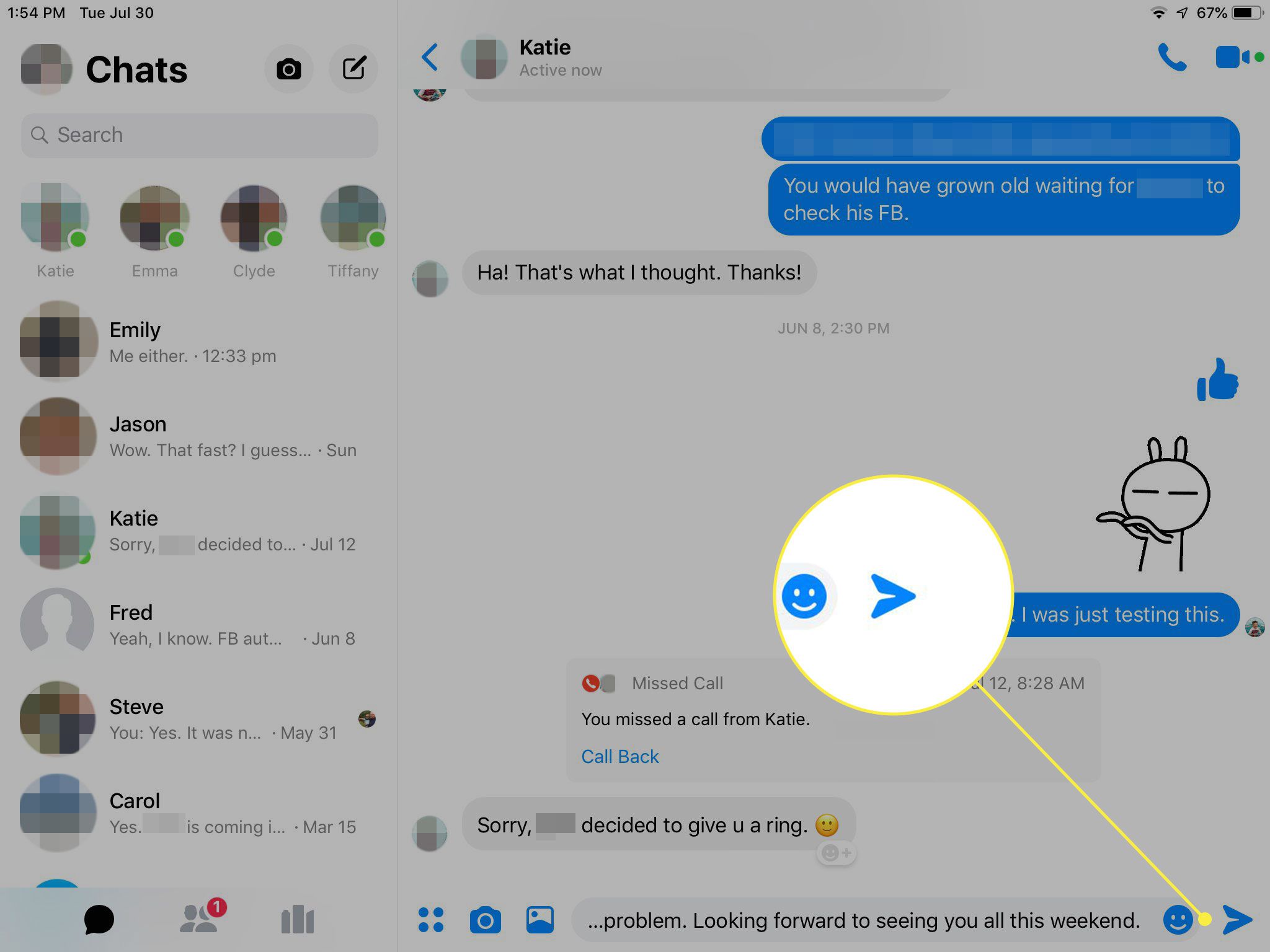 Snímek obrazovky aplikace Facebook Messenger na iPadu se zvýrazněným tlačítkem Odeslat