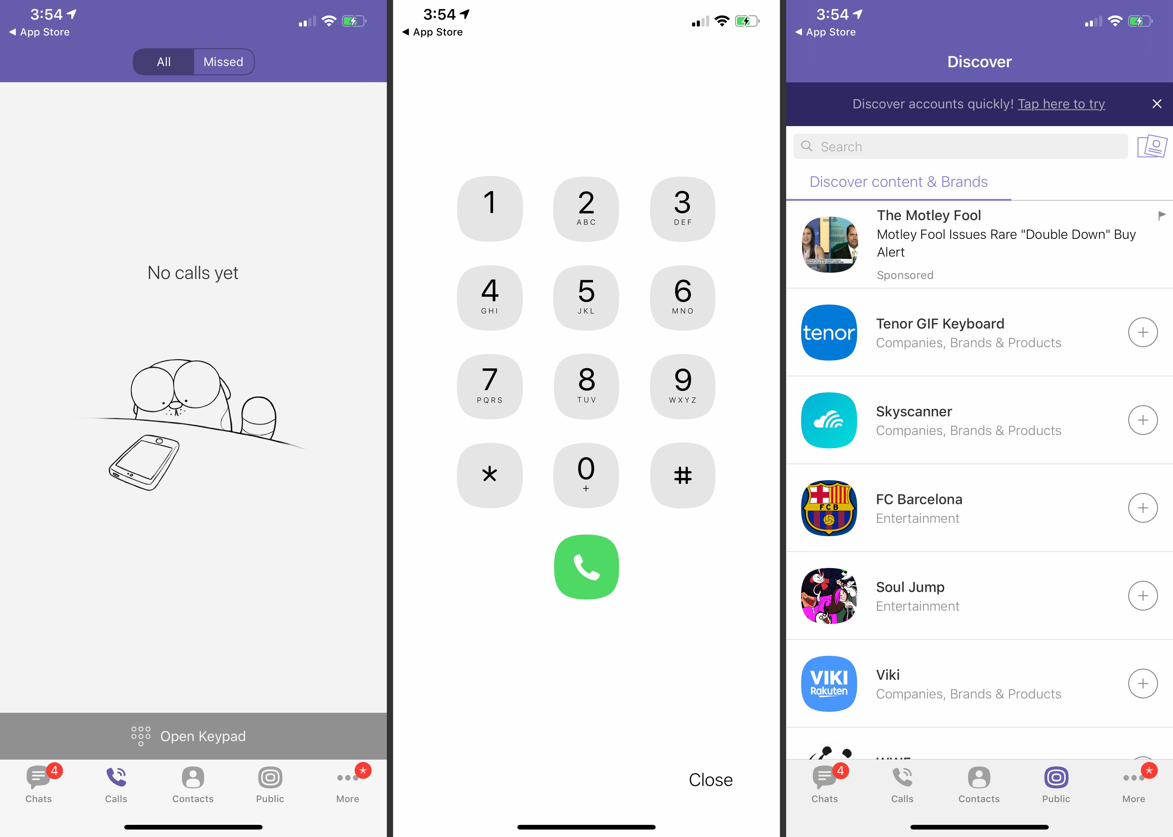 Historie hovorů, klávesnice volání a karty Objevit v aplikaci Viber pro iOS