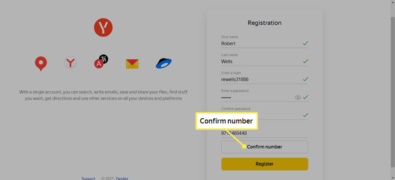 Potvrďte číslo na obrazovce registrace Yandex Mail