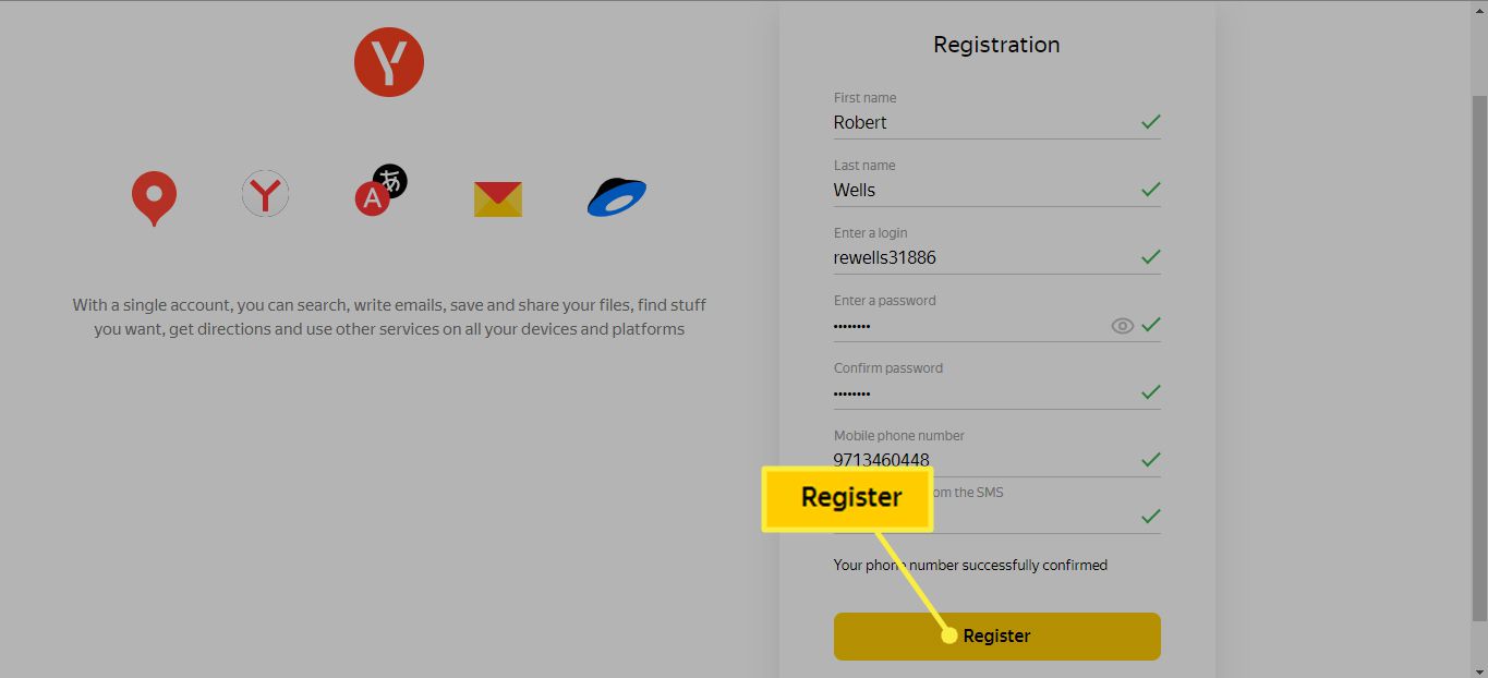 Obrazovka Yandex Registration se zvýrazněným tlačítkem Register