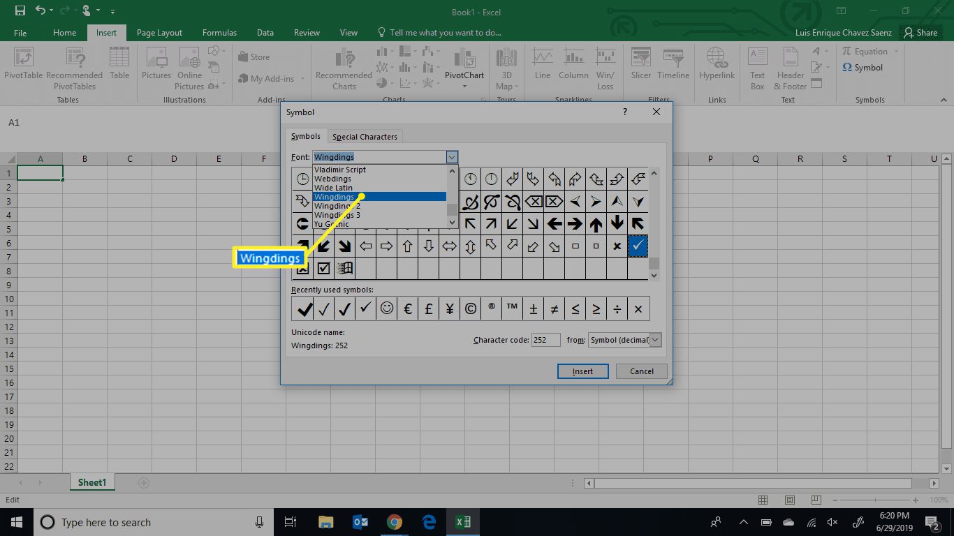 Nabídka Excel s vybraným Wingdings