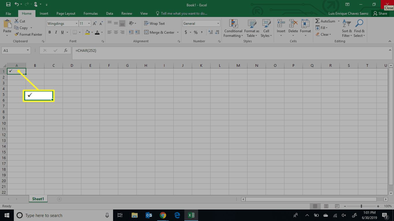 Excel zobrazující zaškrtnutí pomocí kódu znaků