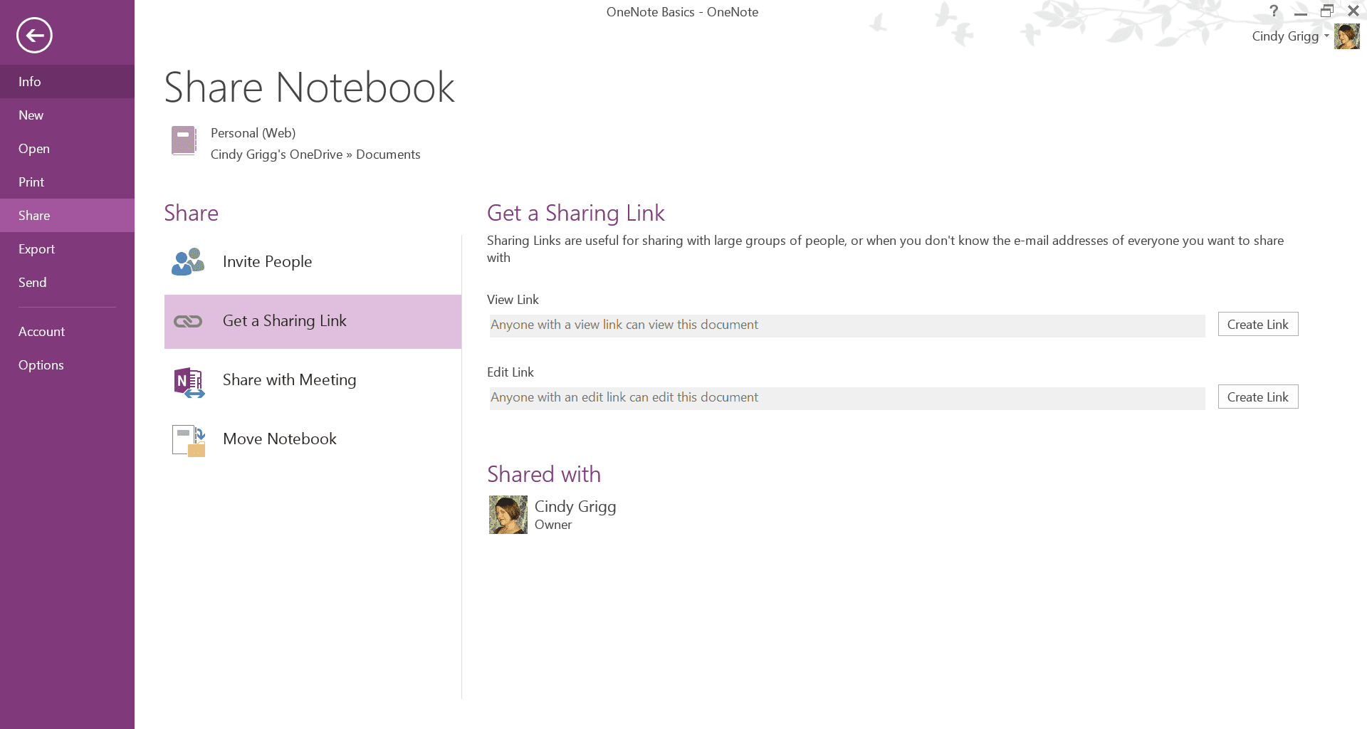 Získání odkazu pro sdílení OneNote