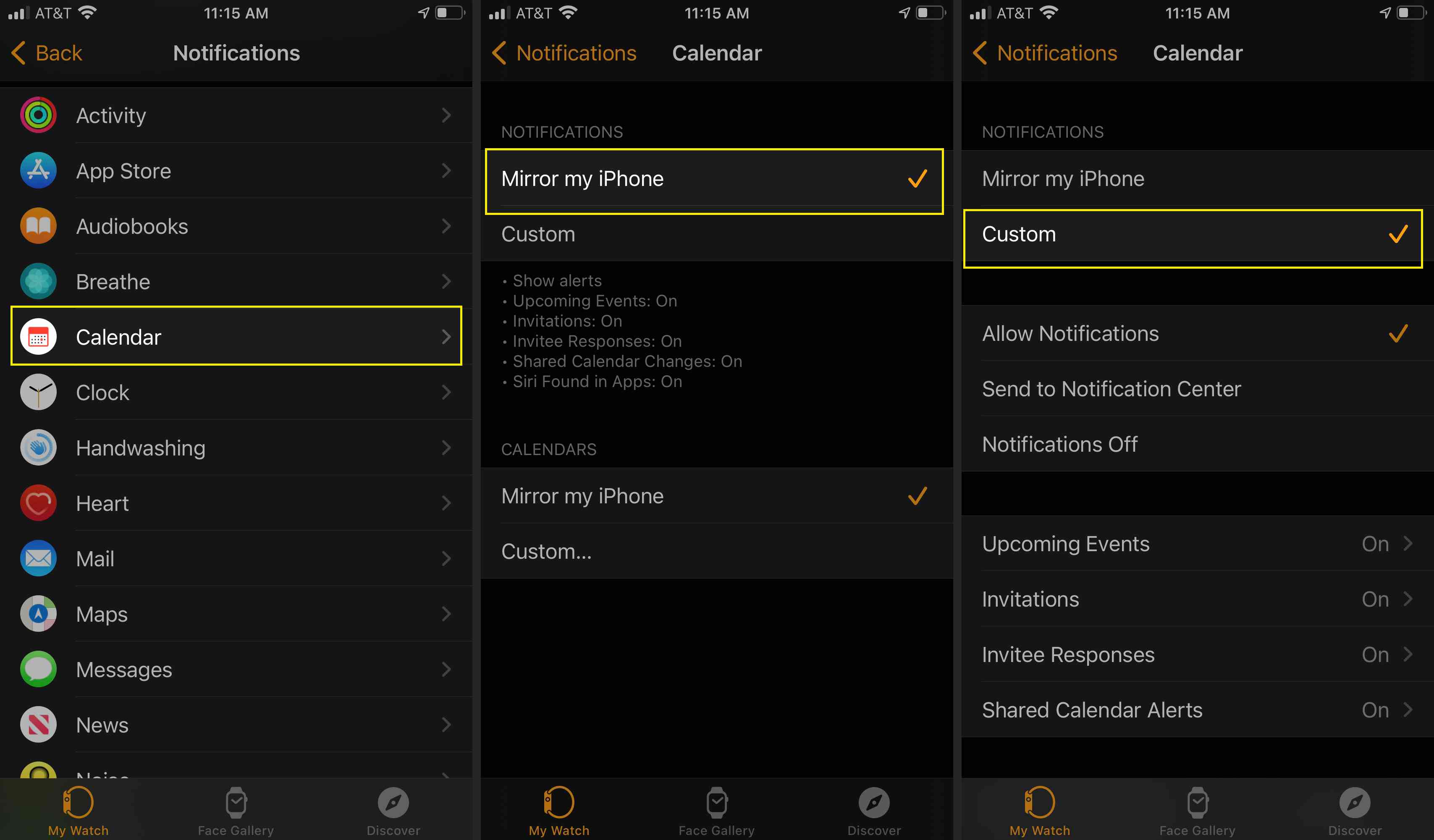 Aplikace iPhone Watch se zvýrazněnou aplikací Kalendář, Zrcadlit můj telefon a Vlastní