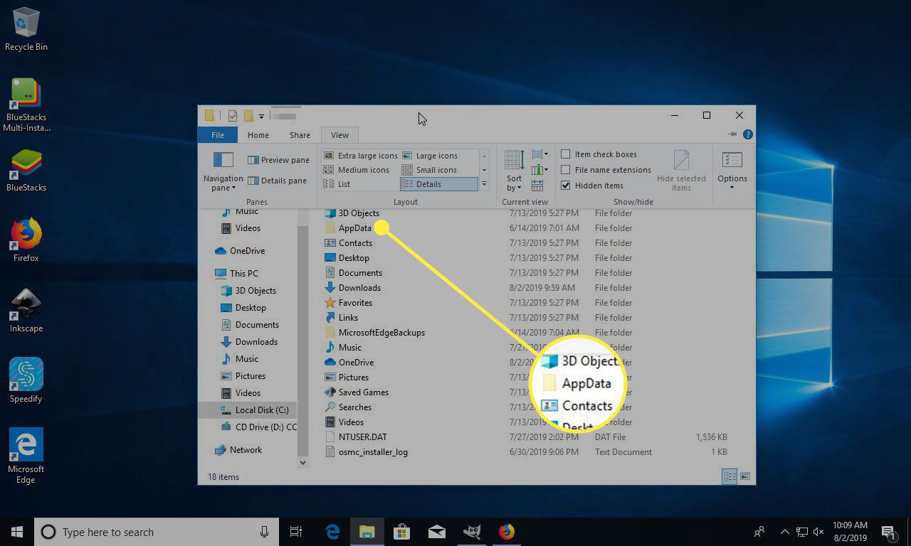 Screenshot uživatelské složky ve Windows se zvýrazněnou položkou AppData