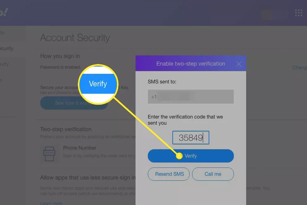 Tlačítko Yahoo Mail 2-factor Verify