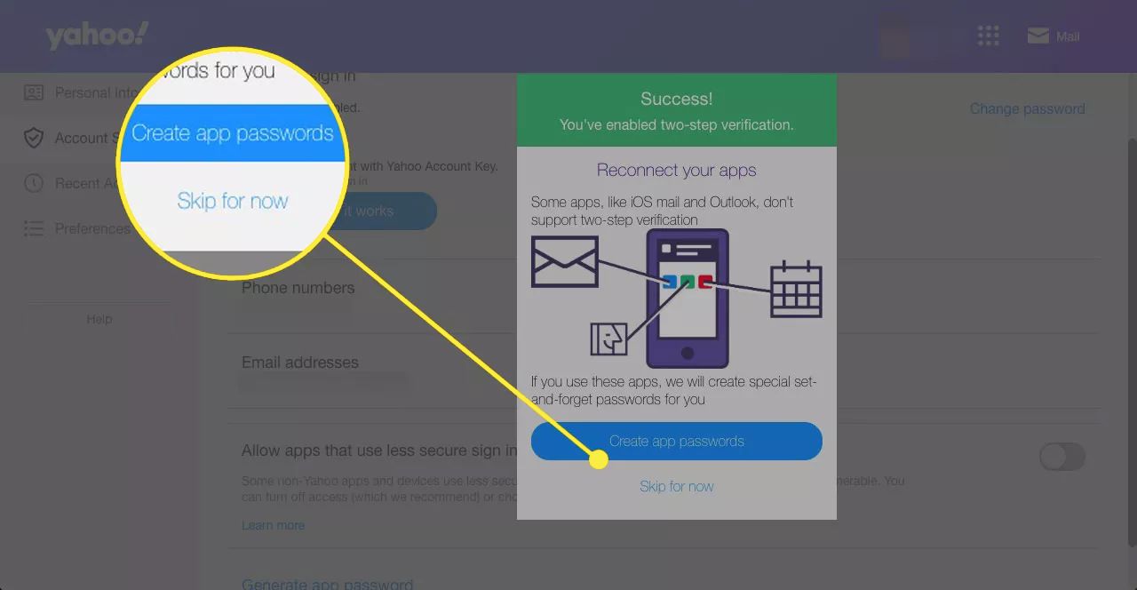 Obrazovka úspěchu dvoufaktorového ověření na Yahoo Mail se zvýrazněnými tlačítky „vytvořit hesla aplikace“ a „přeskočit“