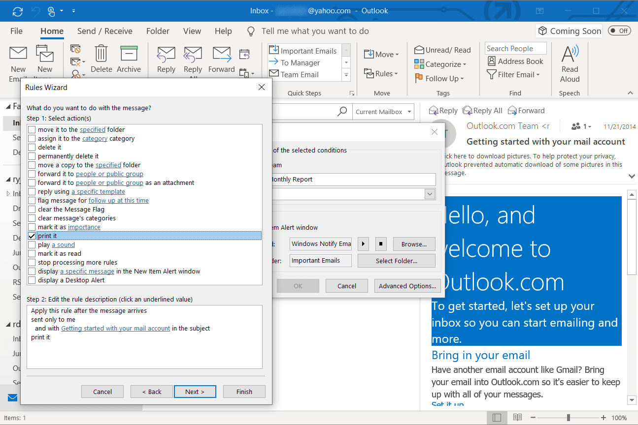 Výběr akce tisku v aplikaci Outlook