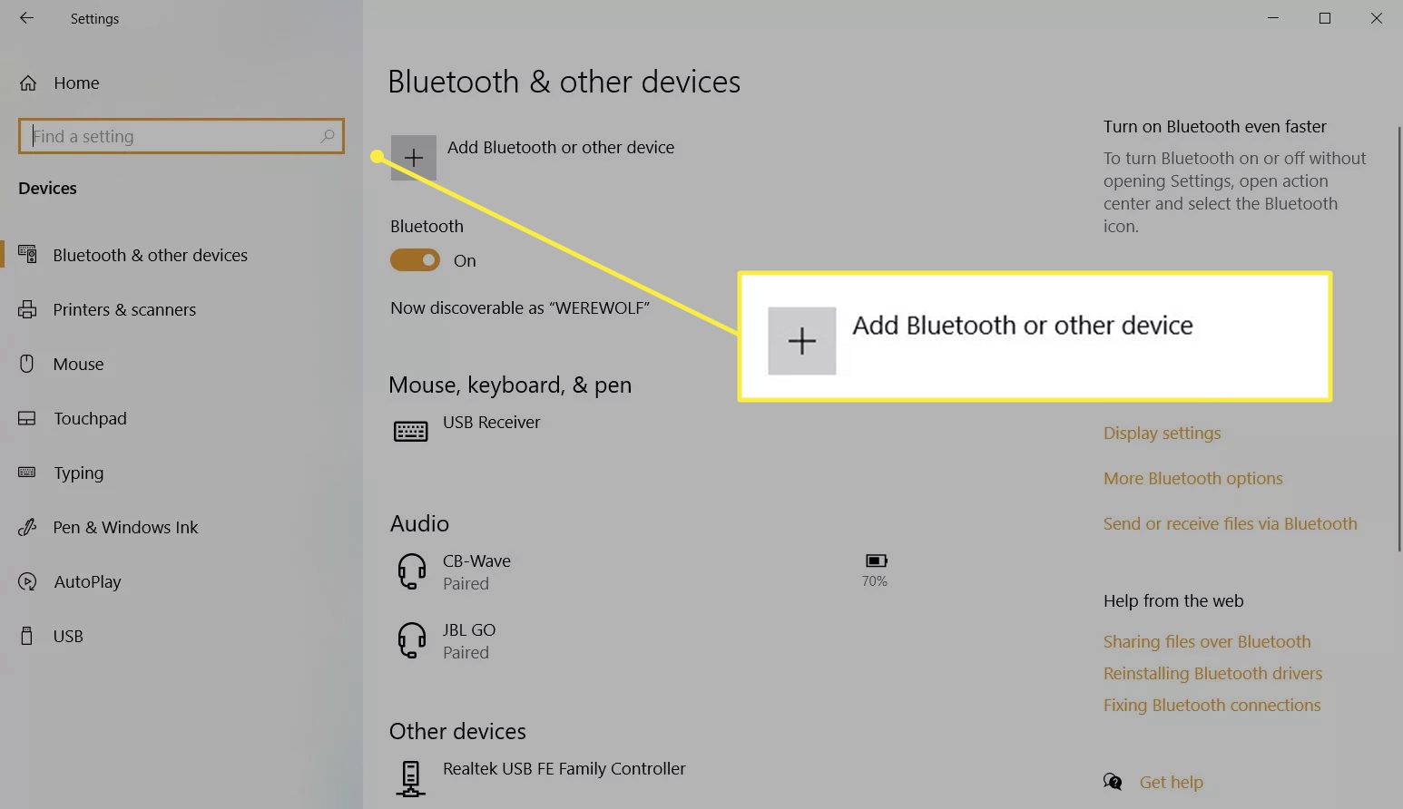 Windows 10 Přidejte zvýrazněné Bluetooth nebo jiné zařízení