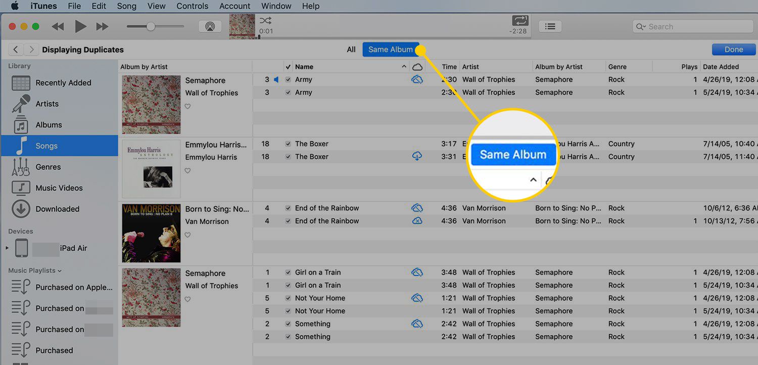 Stejná možnost alba při zobrazování duplikátů v iTunes