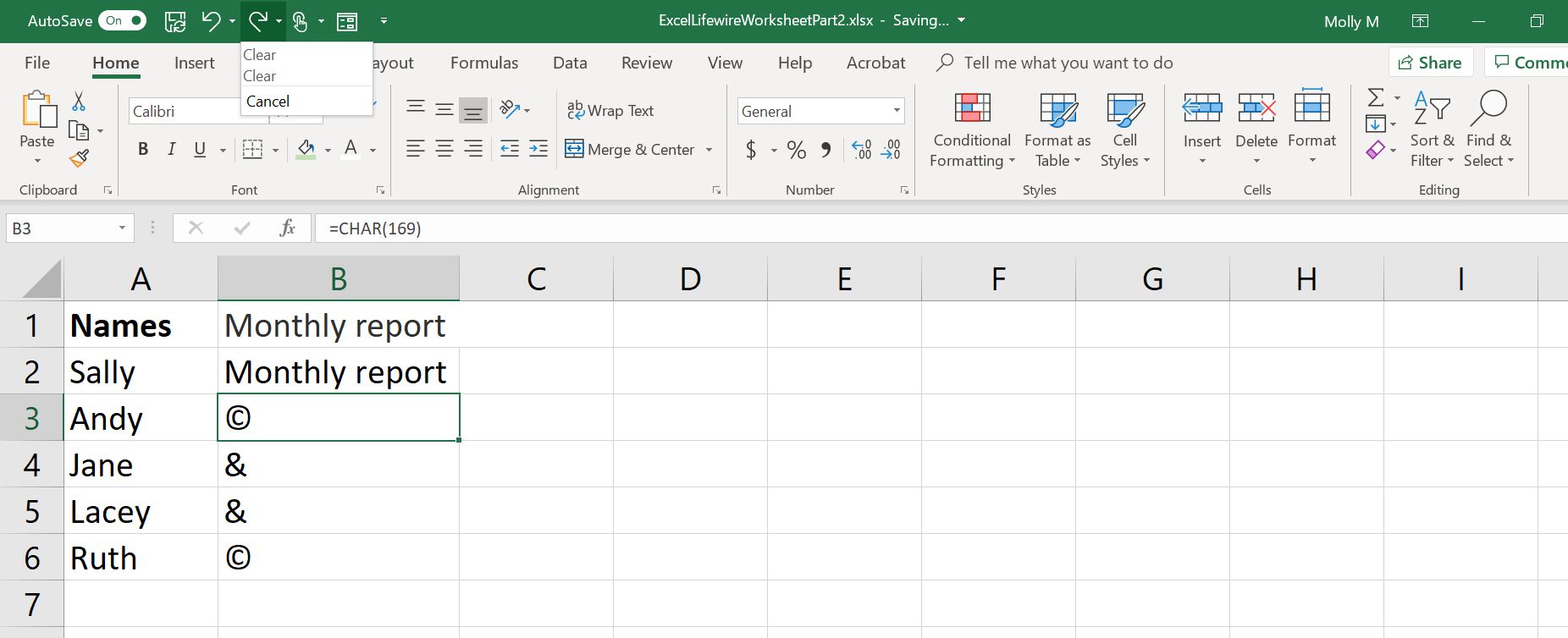 Snímek obrazovky tlačítka Znovu v aplikaci Excel s rozbalovací nabídkou zobrazující všechny akce, které lze znovu provést.