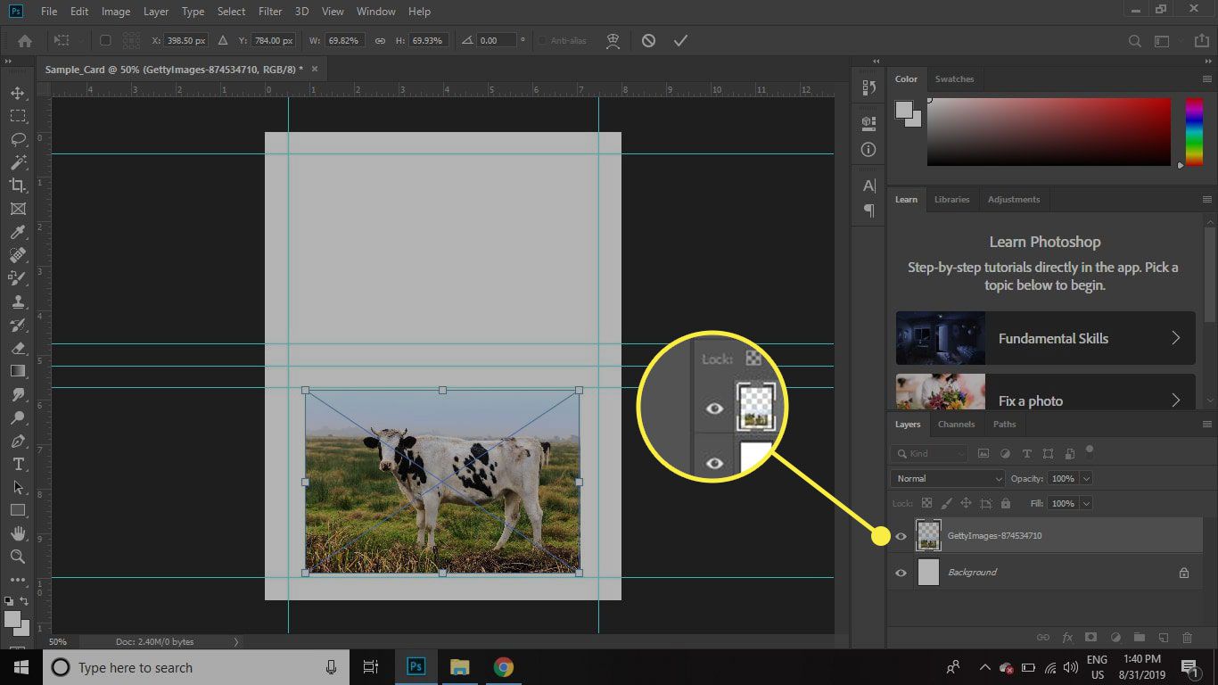 Snímek obrazovky aplikace Photoshop se zvýrazněným tlačítkem Viditelnost vrstvy