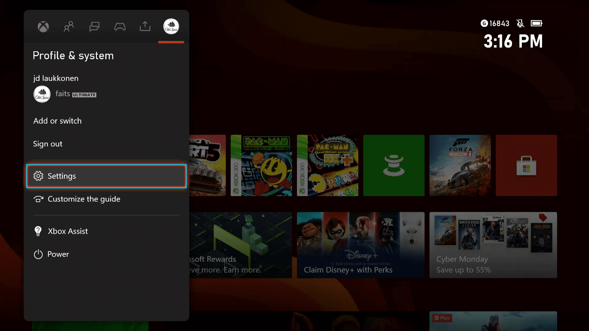 Profil a systém na Xbox Series X | S se zapnutým vypravěčem.