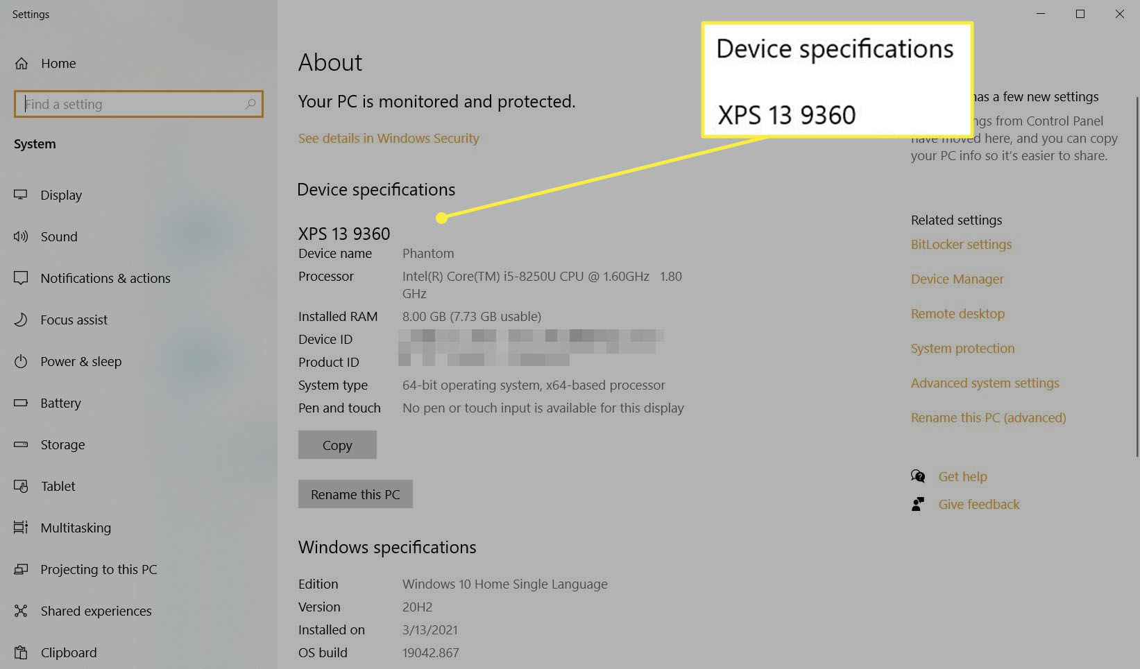 Obrazovka About na Dell XPS s číslem modelu.