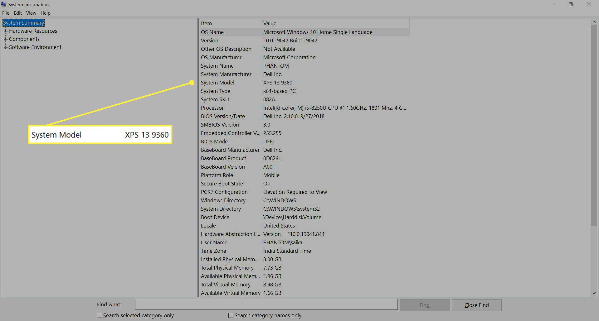 Obrazovka Windows System Information s číslem modelu Dell.