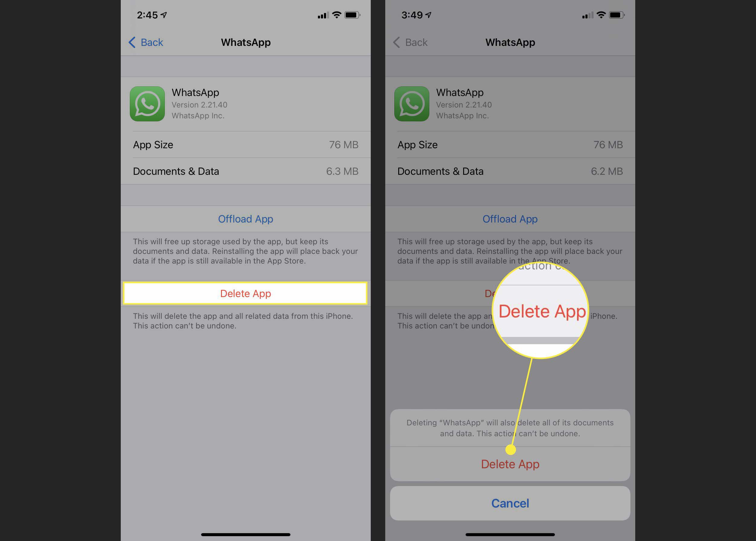 Odstranění Whatsapp zevnitř nastavení iOS.
