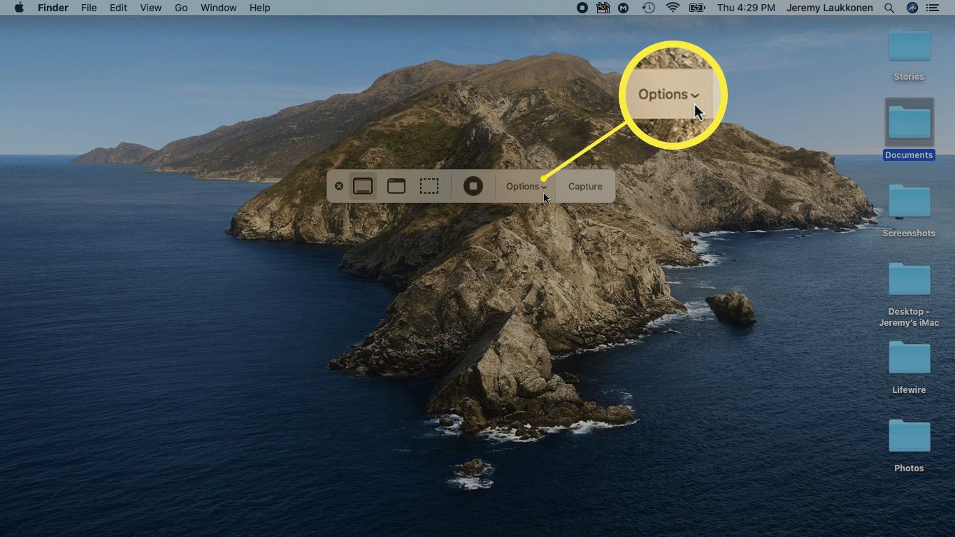 Tlačítko Možnosti zvýrazněné v aplikaci Mac pro snímky obrazovky.