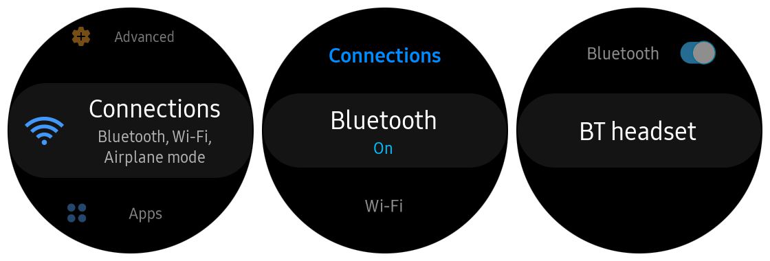 Screenshoty nastavení bluetooth na Samsung Gear S3