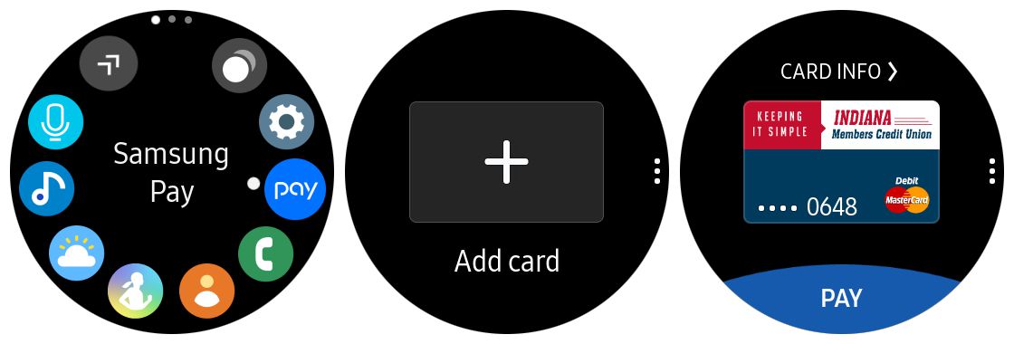 Screenshoty aplikace Samsung Pay na Gear S3