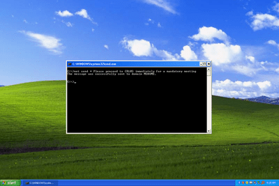 Screenshot příkazu net send v příkazovém řádku systému Windows XP
