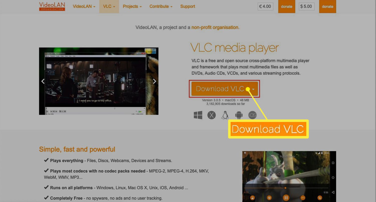 Web VLC se zvýrazněným tlačítkem Stáhnout VLC