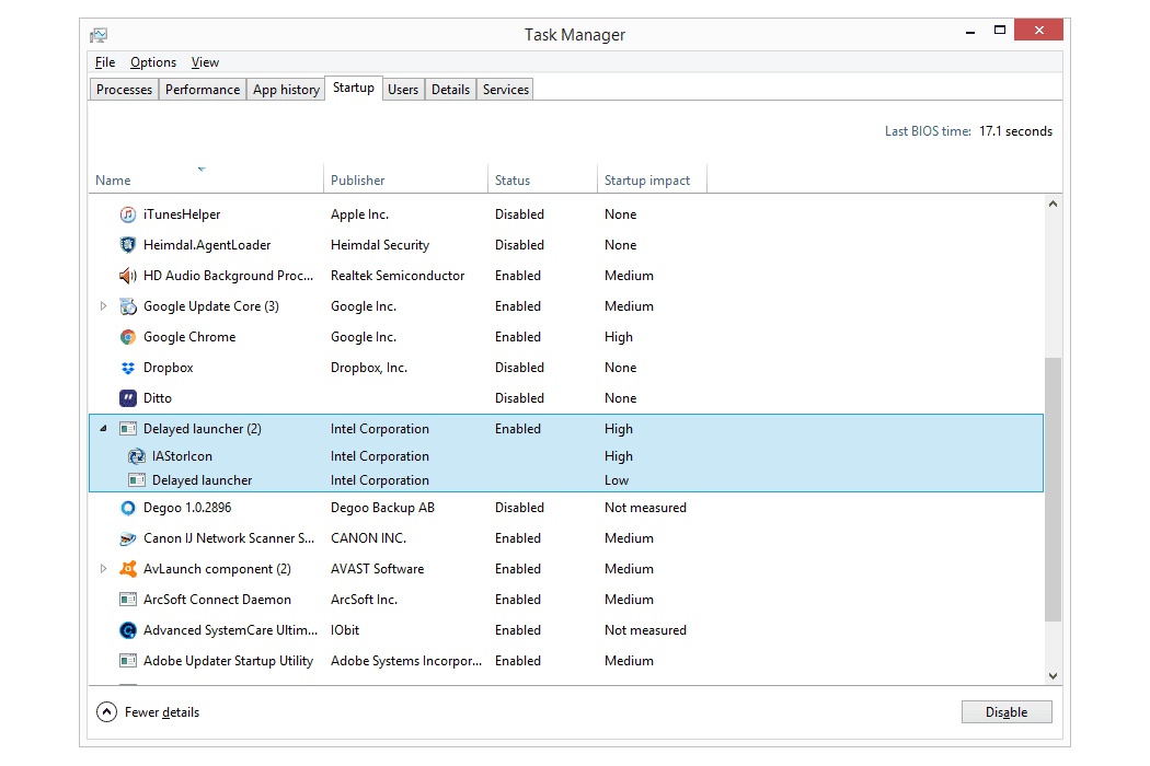 Položka spuštění IAStorIcon ve Správci úloh pro Windows 8