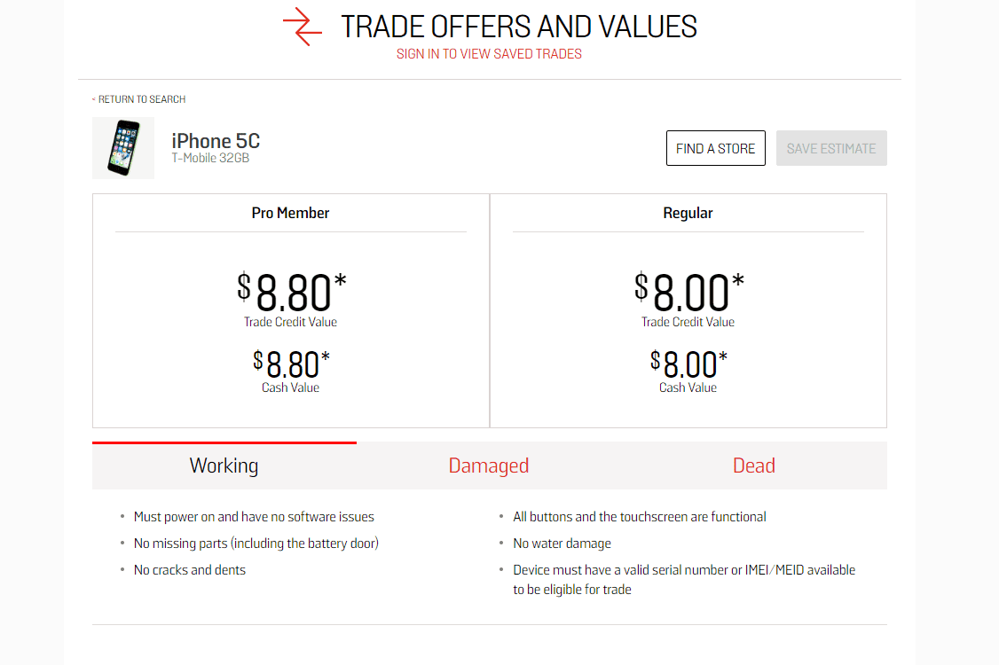 Stránka s obchodními nabídkami a hodnotami GameStop pro iPhone 5C