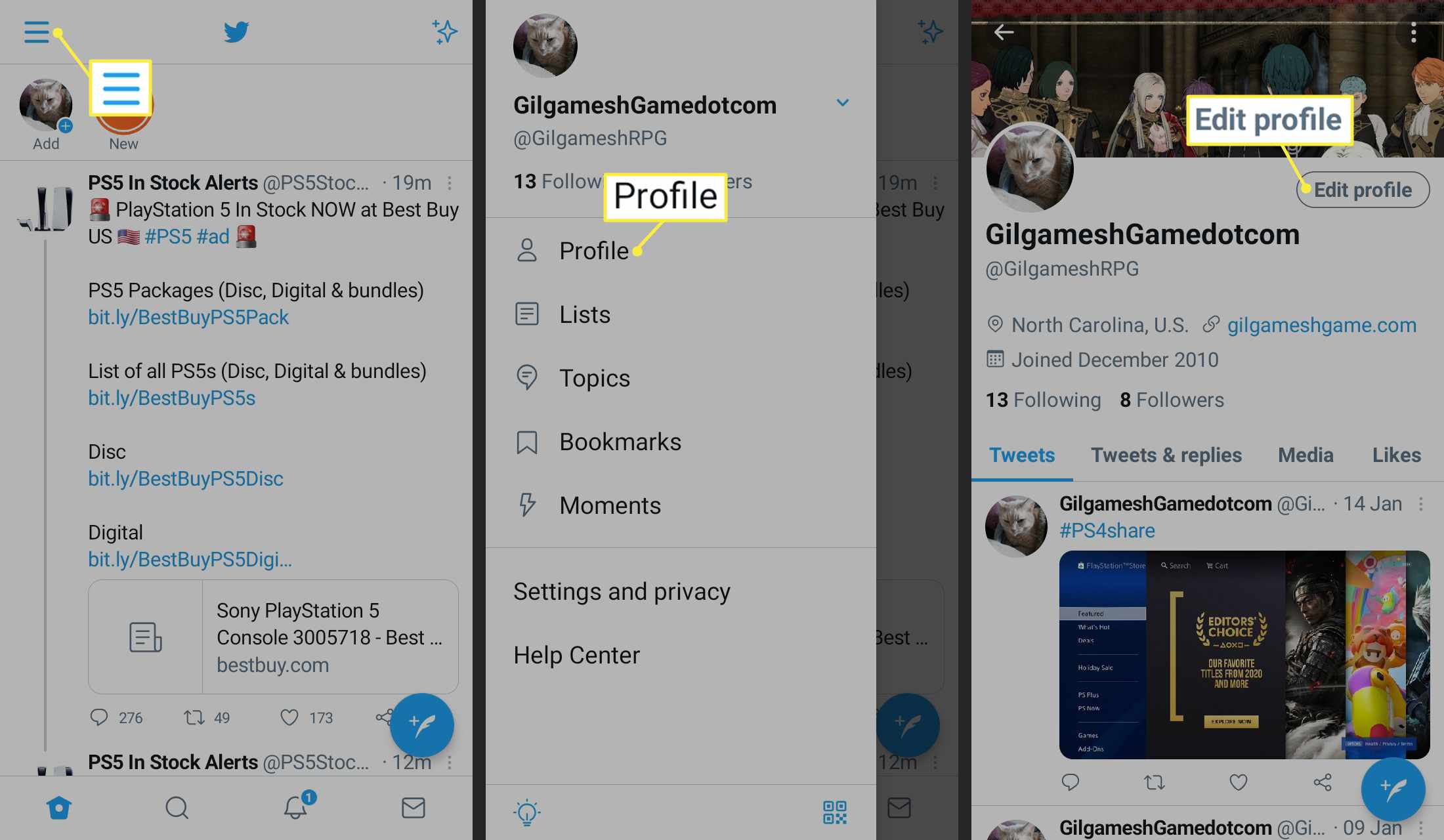 Ikona nabídky, Profil a Upravit profil v aplikaci Twitter