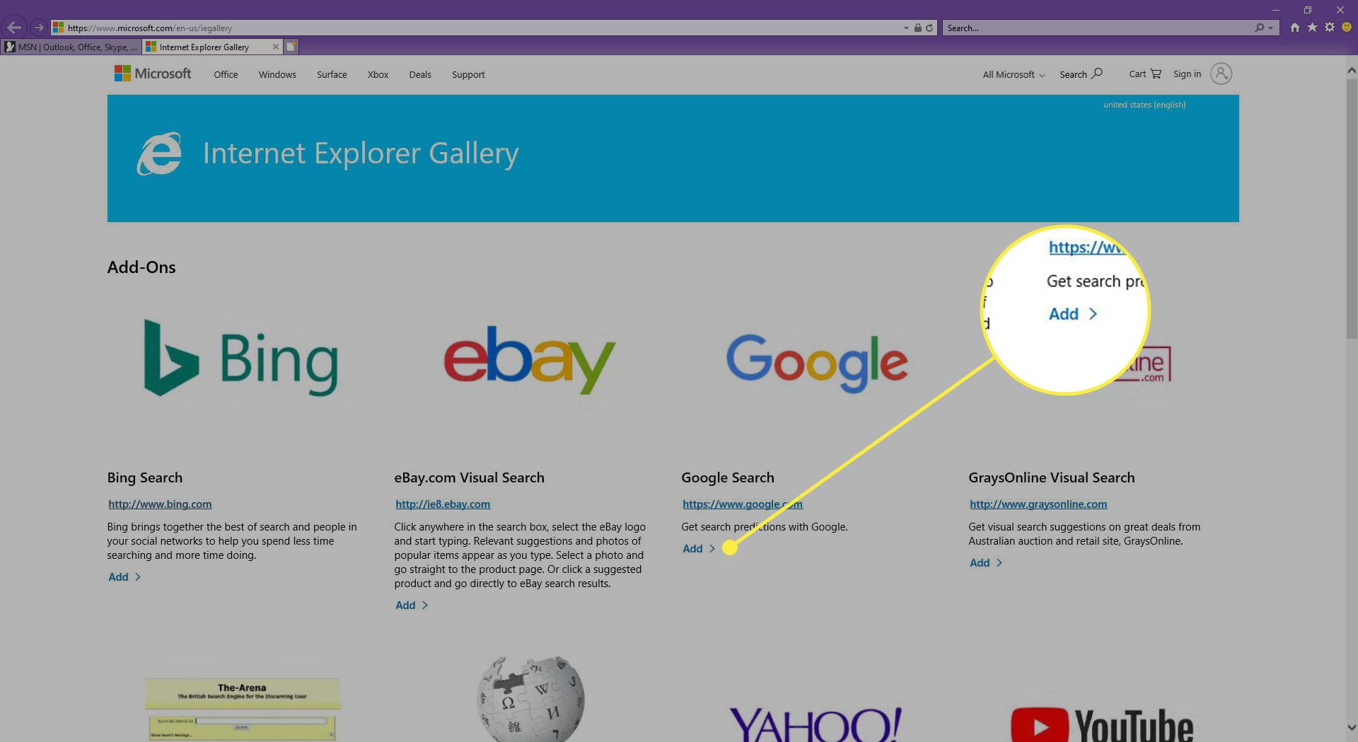 Galerie aplikace Internet Explorer se zvýrazněným tlačítkem Přidat