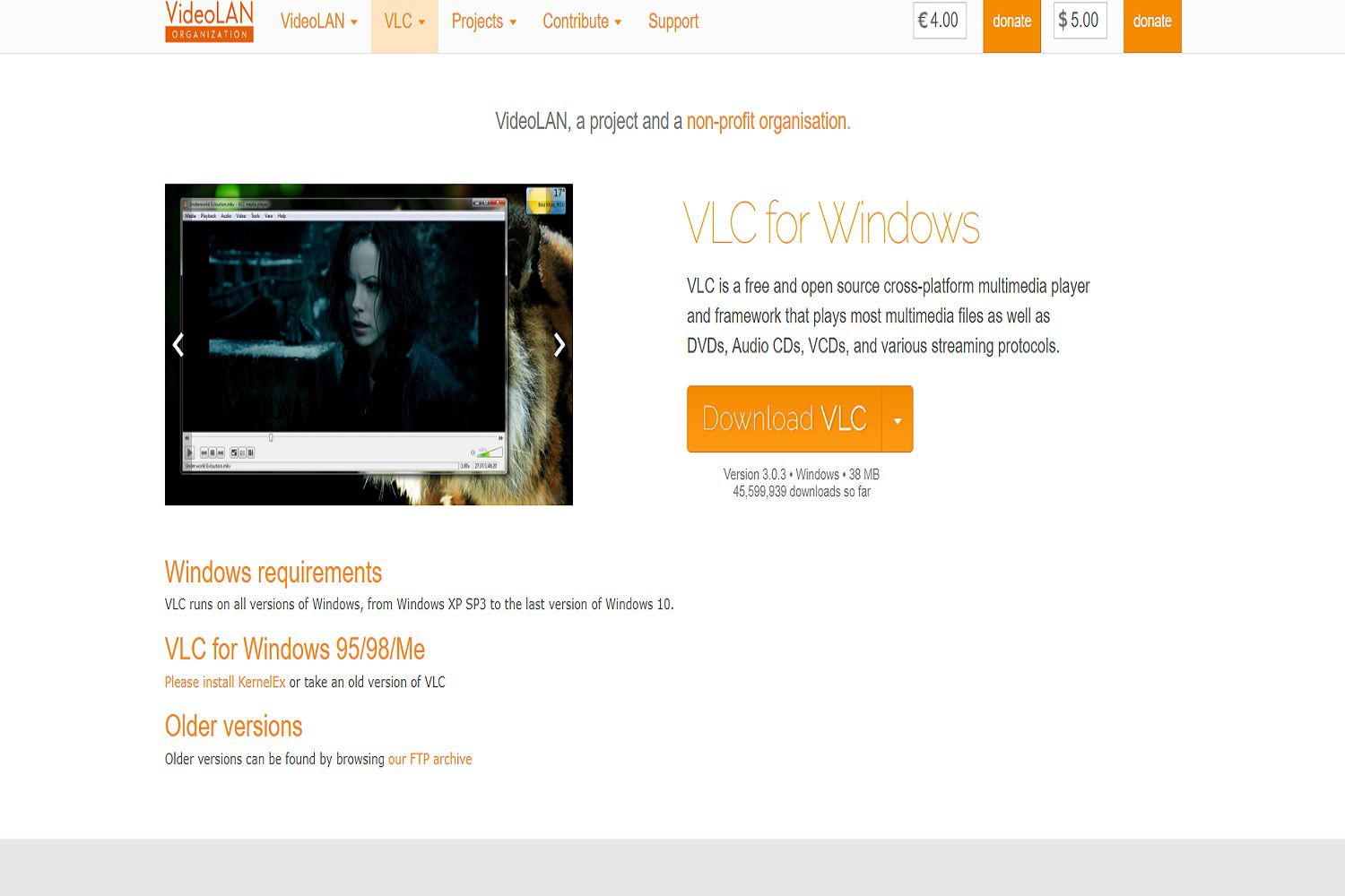 Snímek obrazovky webové stránky VLC pro Windows.  Zde si můžete zdarma stáhnout DVD přehrávač VLC.