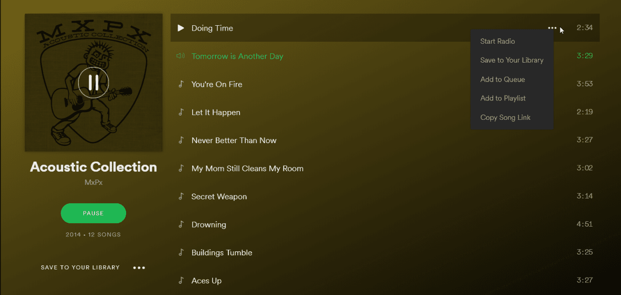 Screenshot z poslechu hudby ve webovém přehrávači Spotify.