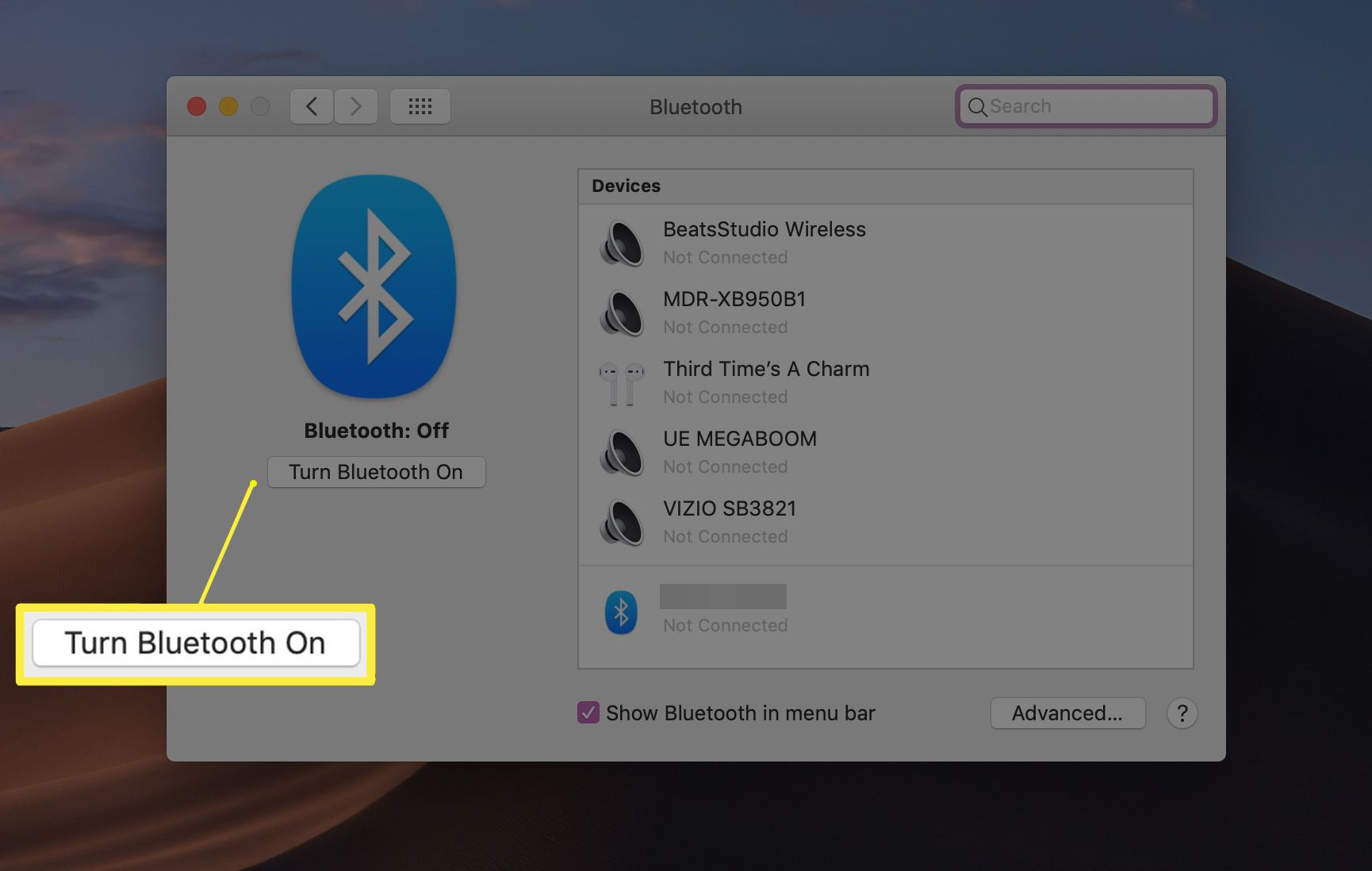 V nastavení macOS zapněte tlačítko Bluetooth