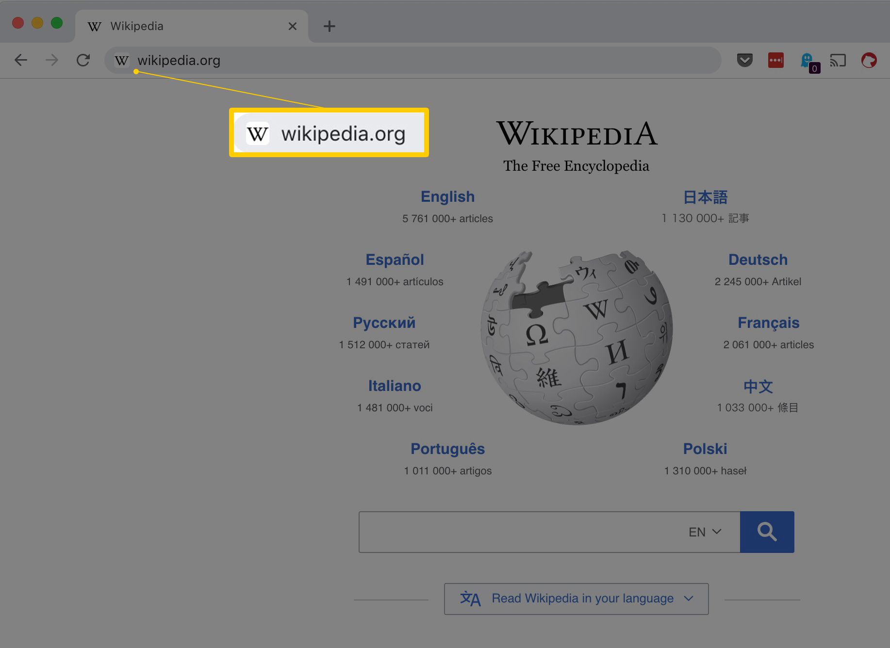 wikipedia.org v řádku URL webového prohlížeče