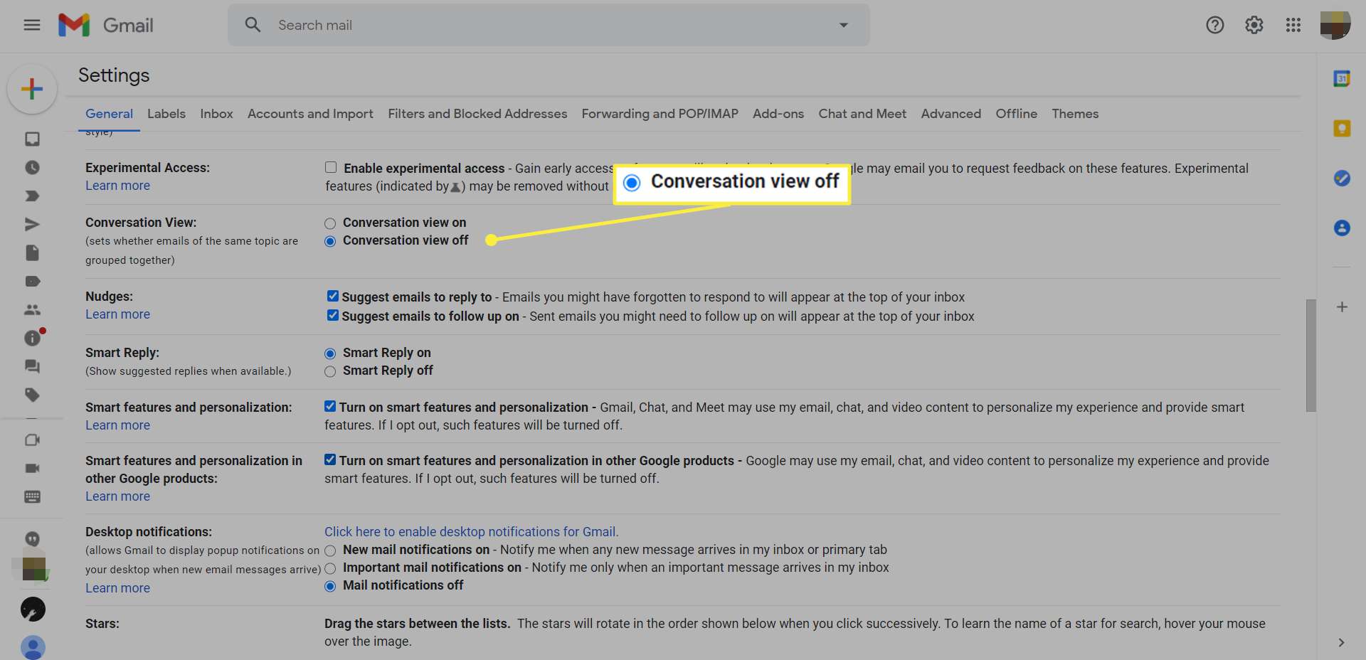 Nastavení Gmailu se zvýrazněným „Vypnuto zobrazení konverzace“
